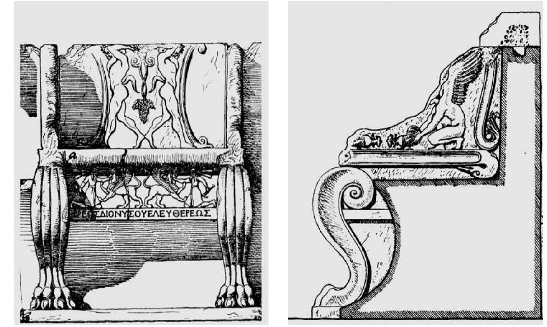 Fig. 6a and b. Throne of the Priest of Dionysos, state drawings by Risom of front and side 