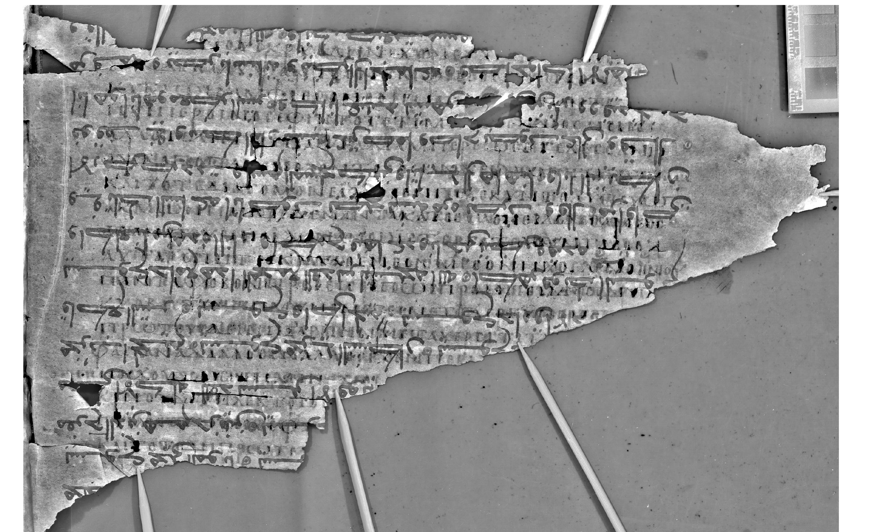 Fig. 1. Processed pseudocolour image of Sin. ar. NF 66, f. 6r by EMEL affiliate Keith Knox (K0043_000015_KTK_diff_UV-TX), July 2021. Converted to black and white for publication. Copyright © Saint Catherine’s Monastery, Sinai, Egypt  