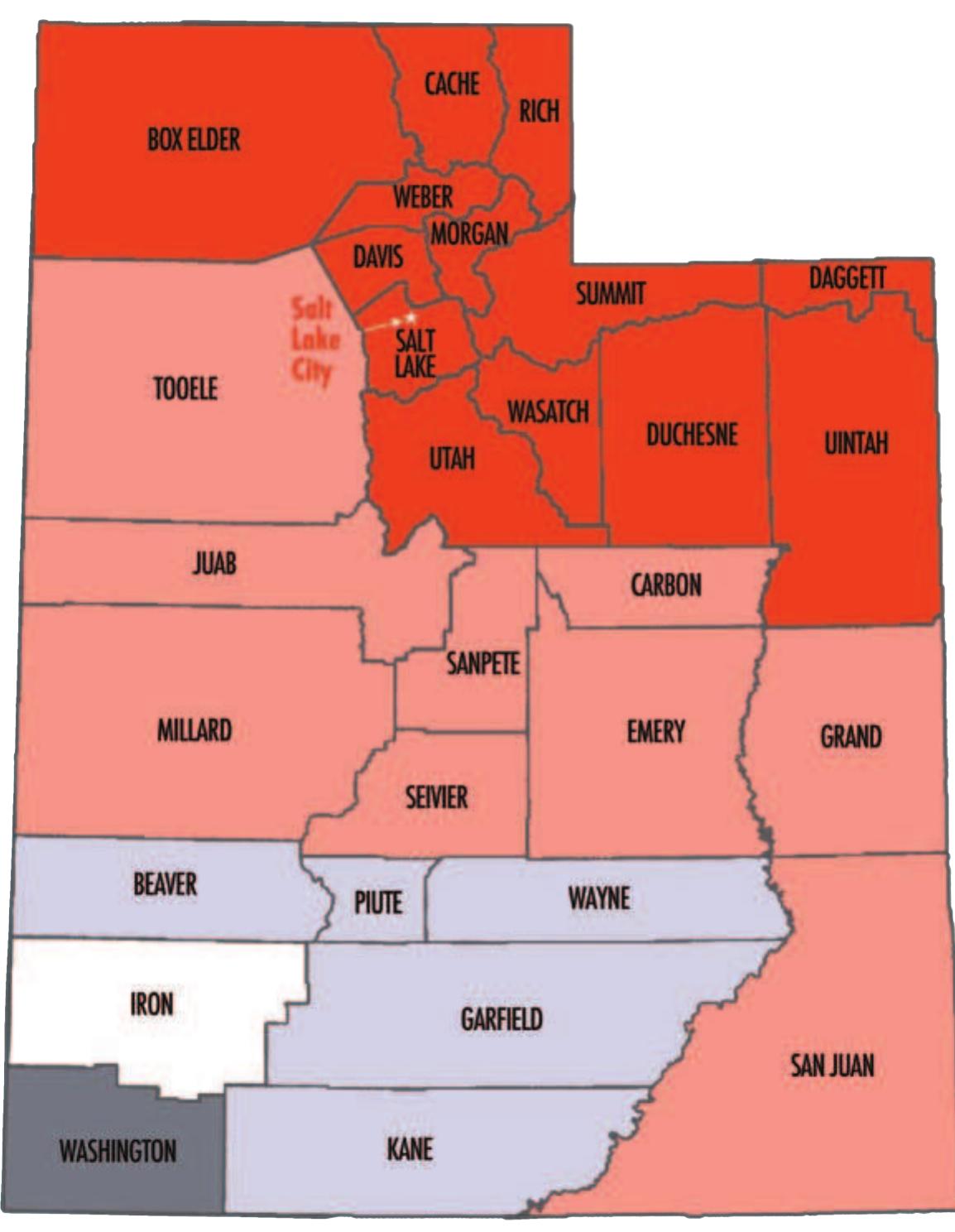 Figure 1. Utah counties and regions defined for analysis.  '2When the demand for a good decreases with increases in income, the good is called inferior by economists; in contrast, nor goods are those for which demand increases with increases in income.  '3 Frequently, two time-series variables can appear to be more closely related than they actually are simply because both trend over time for extraneous reasons; thus, time-trend variables are often included in econometric analyses to control for these kinds of spurious relationships (Wooldridge, 2006, pp. 363-369). Other types of trend relationships were considered but were rejected empirically.  “ Enrollment data were obtained from SUU’s provost office. County unemployment rates were collected from the Utah State Governor's Office of Planning and Budget. Per capita personal income figures came from the Bureau of Economic Analysis.  Link ecrhaal anradiiatac data wuinra tah latad picinn infarmatinn fram tha | leah Ceatan N\fGran anf Edhicatinn | Indararads ata tiitian 