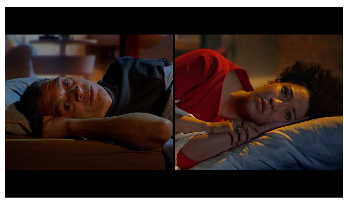 Fig. 2 — Roderick Williams and Julia Bullock as father and daughter. Michel van der Aa, Upload, still frame. 