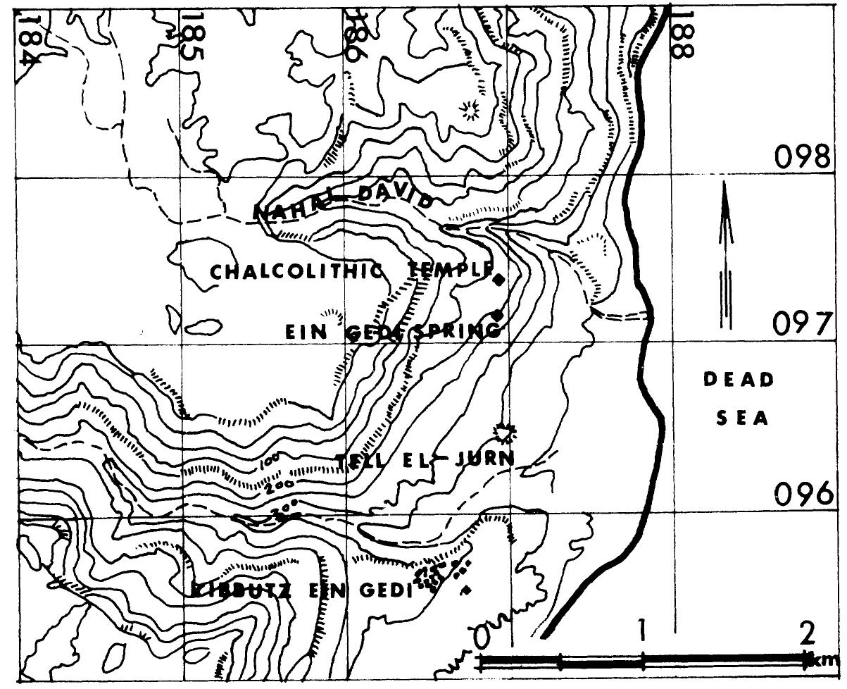 working with various raw materials. In each area, a special branch of the culture was developed, sometimes reaching achievements unparalle'ed in later periods in Palestine. And here we should stress one point: the Ghas- sulian art is strongly connected with the yet unknown Ghassulian religious cult. In other words, the craftsmen and artists were not motivated by pure artistic inspiration but their creations were applied to the Ghassulian cult, and were meant to be used in the rituals. Finally, it should be stressed that it was the Ghassulians who introduced the manufacture of copper to Pales- tine. Their mastery in metalwork, which will be demonstrated in course of this article, undoubtedly contributed to the general prosperity of the culture.  Fig.10. Sketch map of the area of the Ein Gedi temple. 