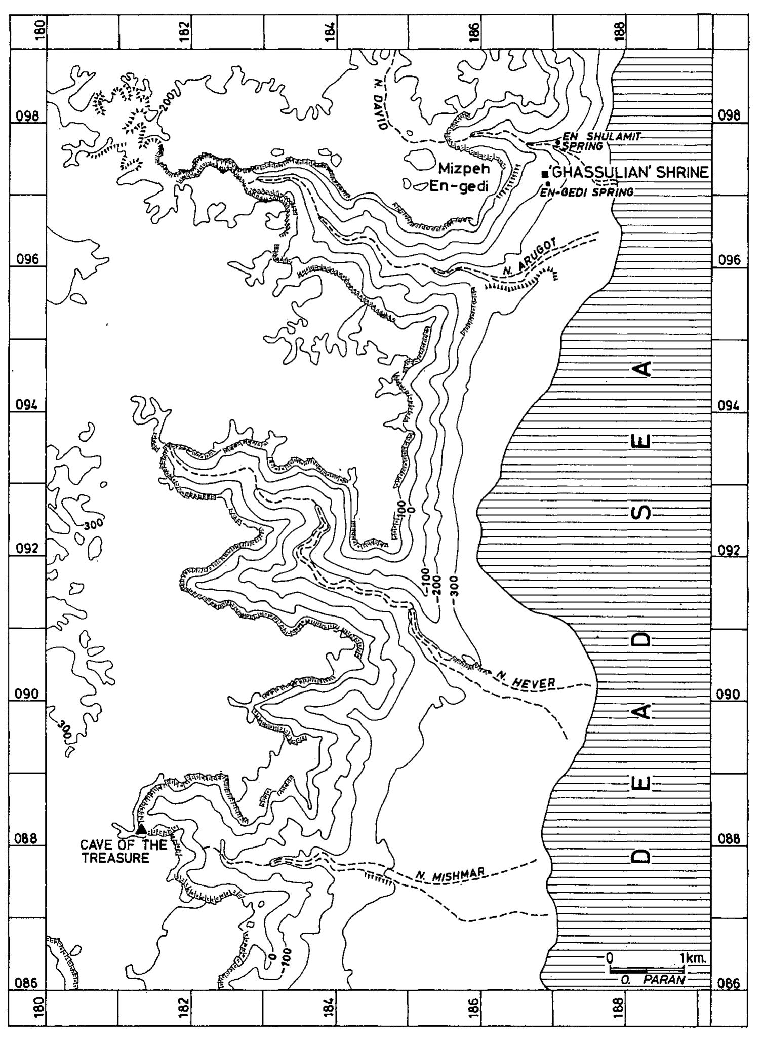 Fig. 1. Map of En-gedi region.  towards the west, eventually ending in a high, nearly vertical cliff. The scarp, running 