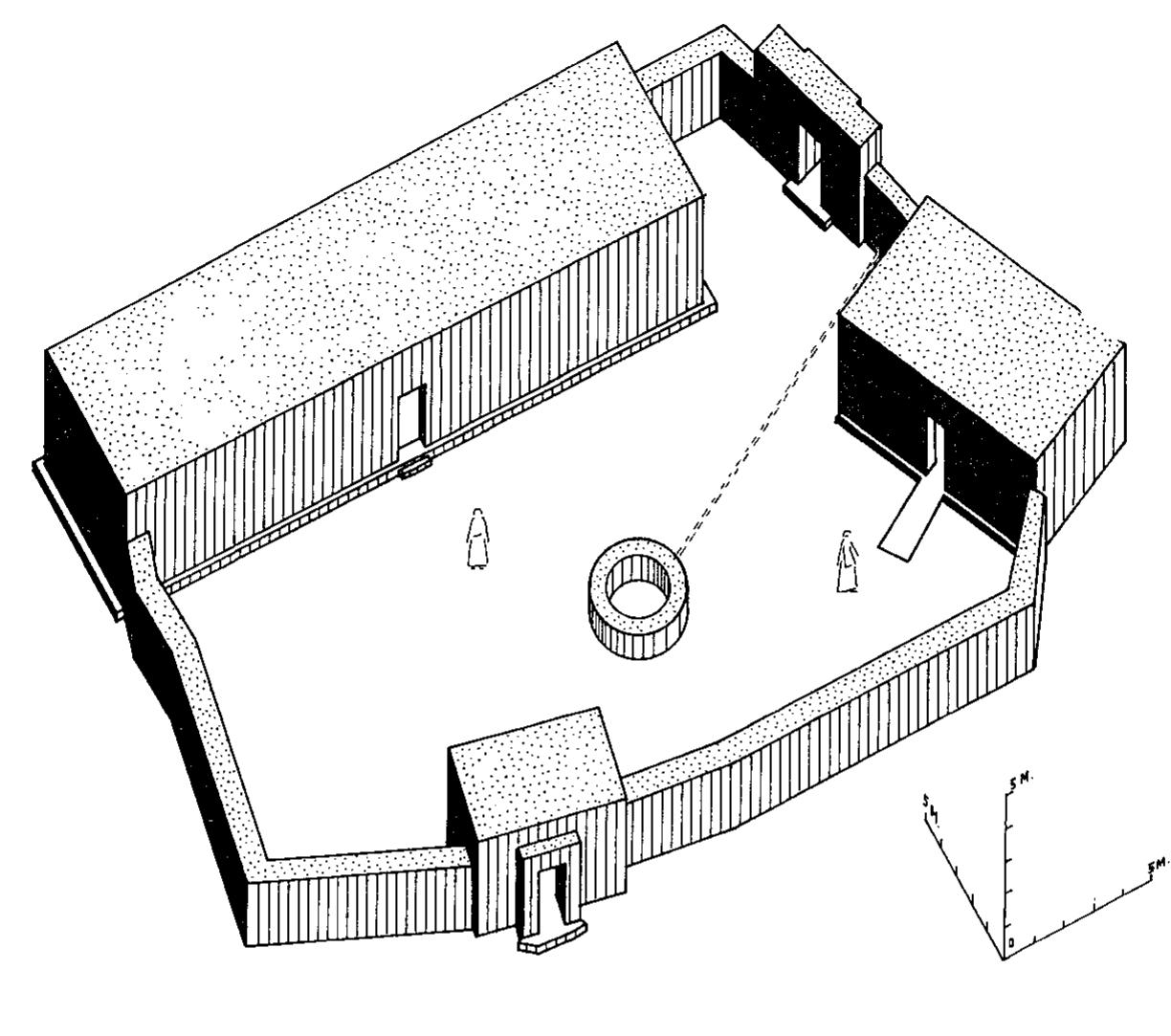 Fig. 4. Reconstruction of Ghassulian shrine as suggested by I. Dunayevsky (cf. Netzer 1973: plan No. 10/61-5/F/3).  as to enhance their appearance. According to Dunayevsky’s reconstruction of the entrance (Fig. 4), the protruding jambs were connected to a protruding lintel above the doorway rather than continuing to the top edge of the wall, but this, of course, is conjectural. 