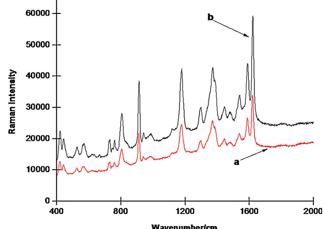 Sers spectra of blue ink using (a) air dried ag/agar disk