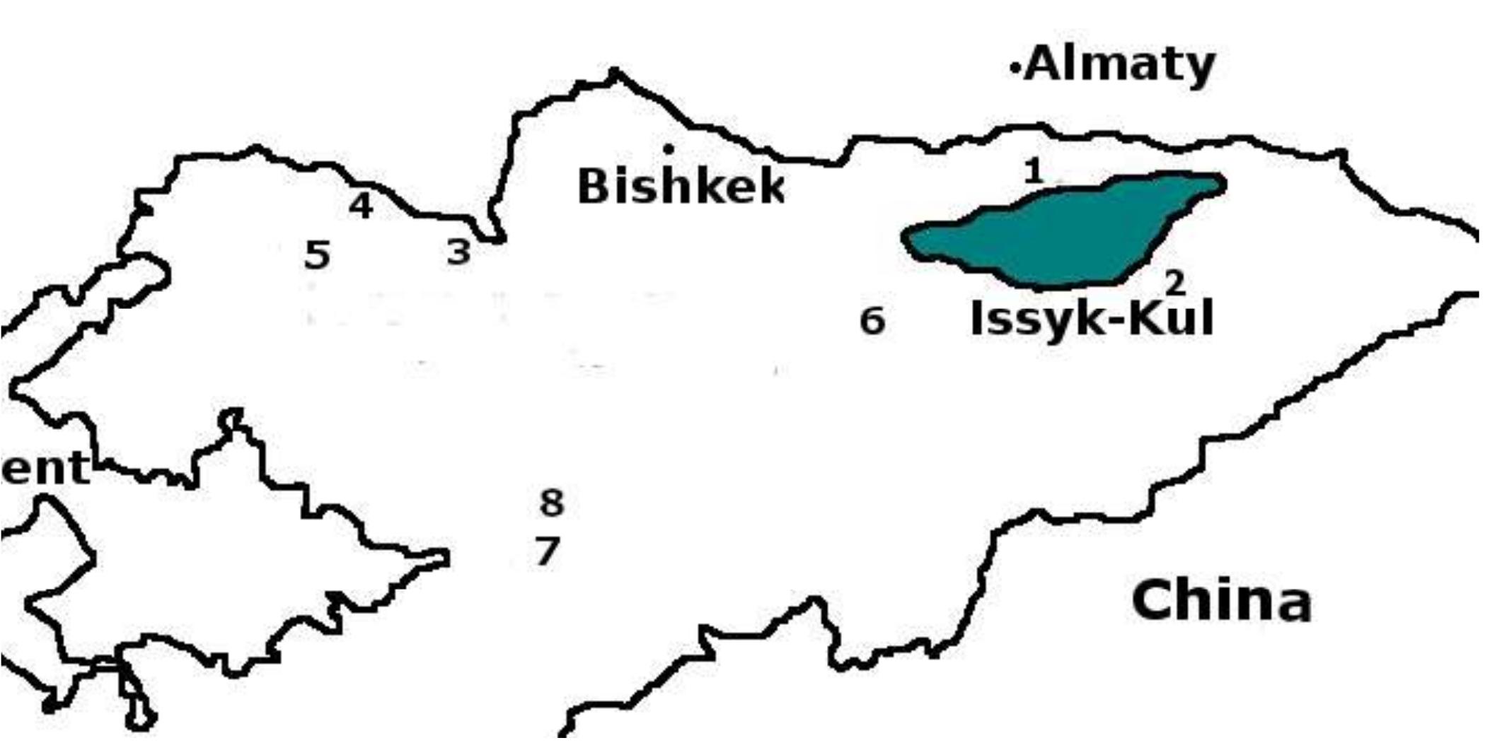 Fig. 1: Location map of the main sites in Kyrgyzstan: 1. North Issyk-Kul (Baet, Ornok...); 2 Barskoon; 3. Karakol region (Talas); 4. Tchatchikei; 5. Ur-Maral region; 6. Kara-Too; 7. Suuk-D6b6; 8. Saimaluu-Tash 1 and 2.  pird-head-depictions were also found at [’chatchikei, 