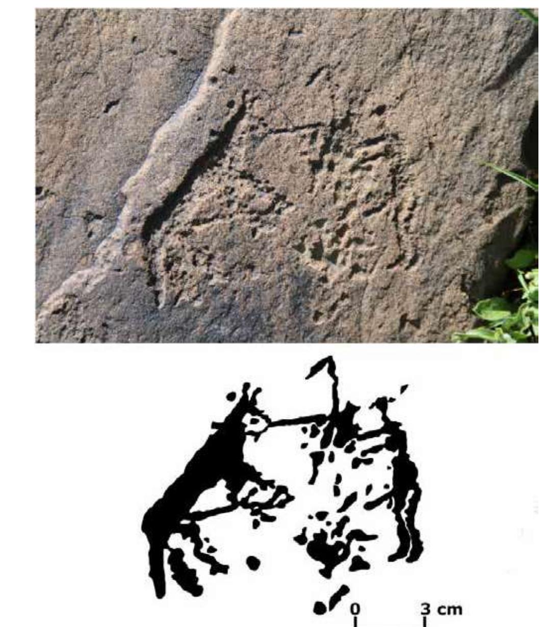 Fig. 9: Saimaluu-Tash 1, rock 1505 (detail).  (Rozwadowski 2004: 72). The tail could be part of a shaman’s dress. 