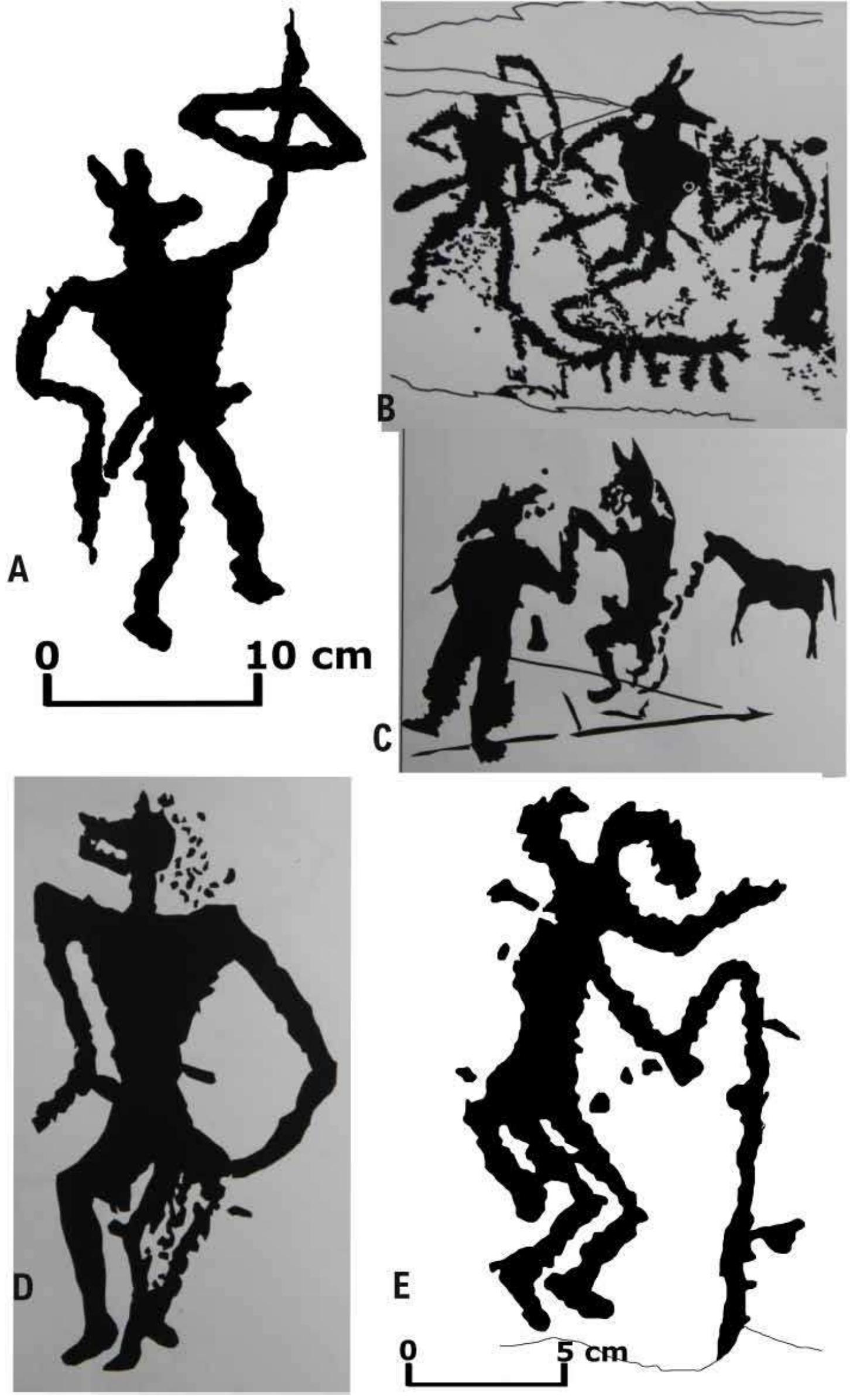 Fig. 19: Wolf-Masks in Kazakhstan: A-C. Kulzhabasy; D. Akkainar; E. Rock 2192 in Saimaluu-Tash 1. (Figs. B-D: Maryashev & Zheleznyakov 2013: 148) 