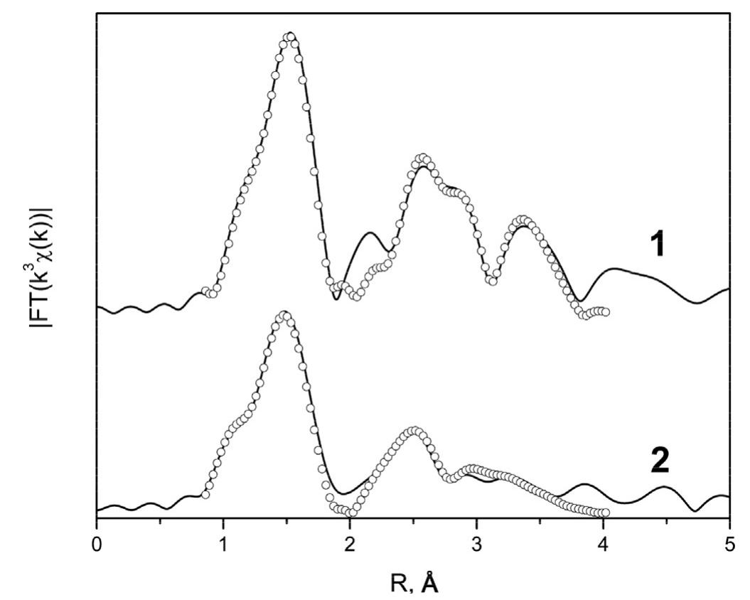 Fig. 5. Fourier transforms (FTs) of Ti K-edge EXAFS spectra for TiO2 samples obtained under 60-min hydrothermal-microwave processing at 200°C (1) in distilled water, (2) in 1M NHAF solution. Experimental and best-fit theoretical curves are shown as solid lines and open circles, respectively. 