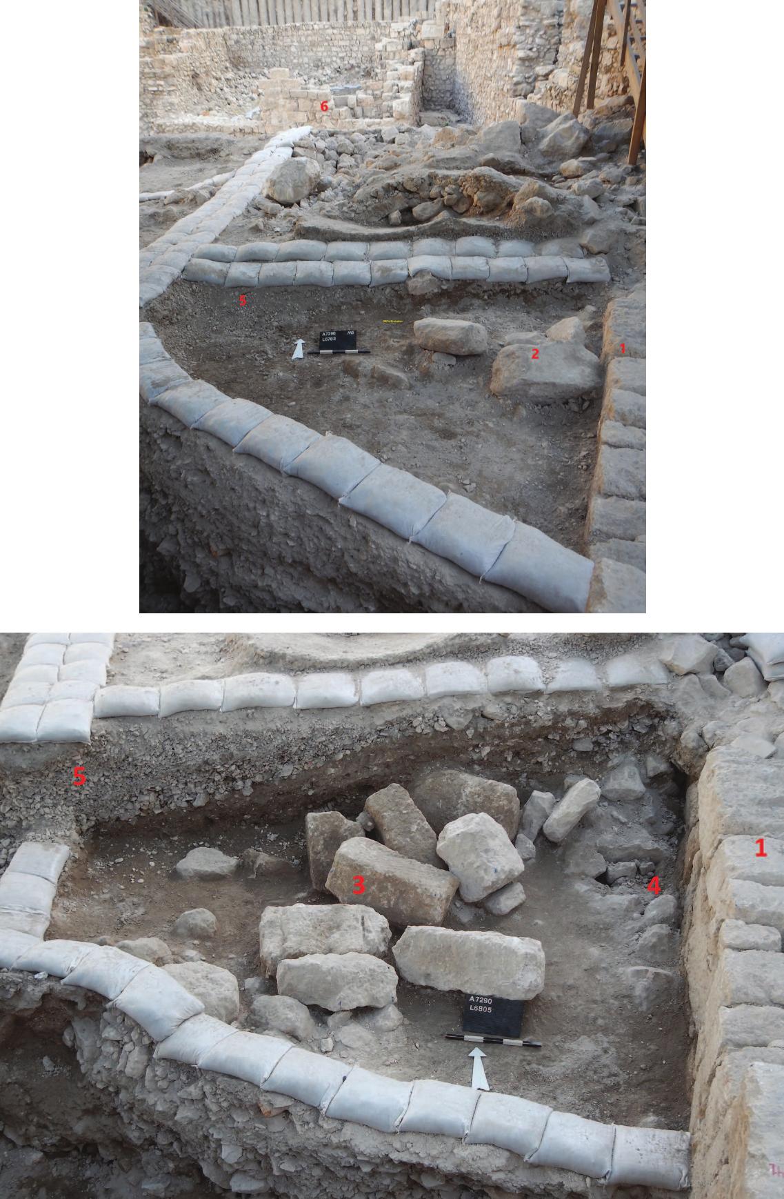 Fig. 3.2. Remains against the northern portion of the salient, looking north. Along the right is the salient (1). In the middle are collapsed elongated ashlars (2, 3). Figure 3.2a illustrates the very top of the ashlar collapse (2), with some blocks directly abutting the salient. Figure 3.2b shows the situation further below, with more ashlars (3). These covered the opening of the drainage shaft (4). Laid over these remains were the fills of the gravel-system glacis (5), seen here at the eastern side of Section 28. At the rear of figure 2a stand the remains of Building 4001 (fig. 2.2 in this volume, Area 10). Photographs by Assaf Peretz. 