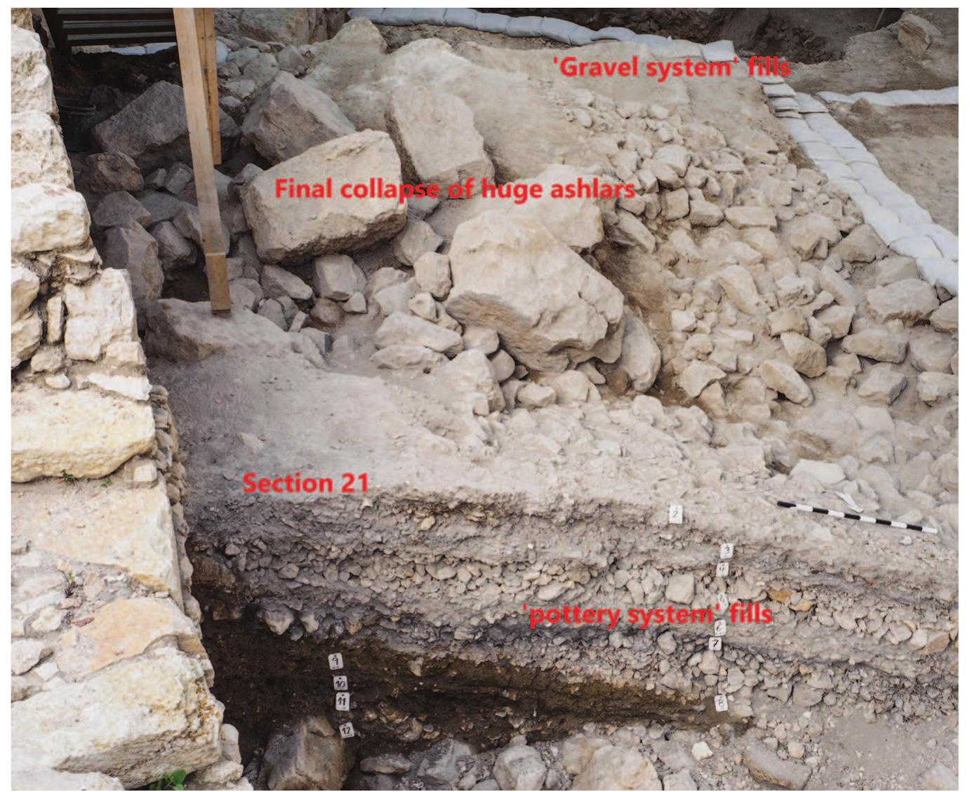 Regarding the function of these systems, the evidence suggests the} were both purposeful constructions associated with the earlier fortifi. cation wall. The gravel system had a quite solid makeup, and was wel engineered and built of high-quality components. The layers were pilec up from the salient line outward and are consistent with an identifica. tion of a defensive construction. The arrangement of the pottery-syster layers, which also followed the line of the fortification wall albeit sloping in a different direction, reflects the implementation of a similar plan Here, the consistent size of the pottery fragments that provide the pri- 