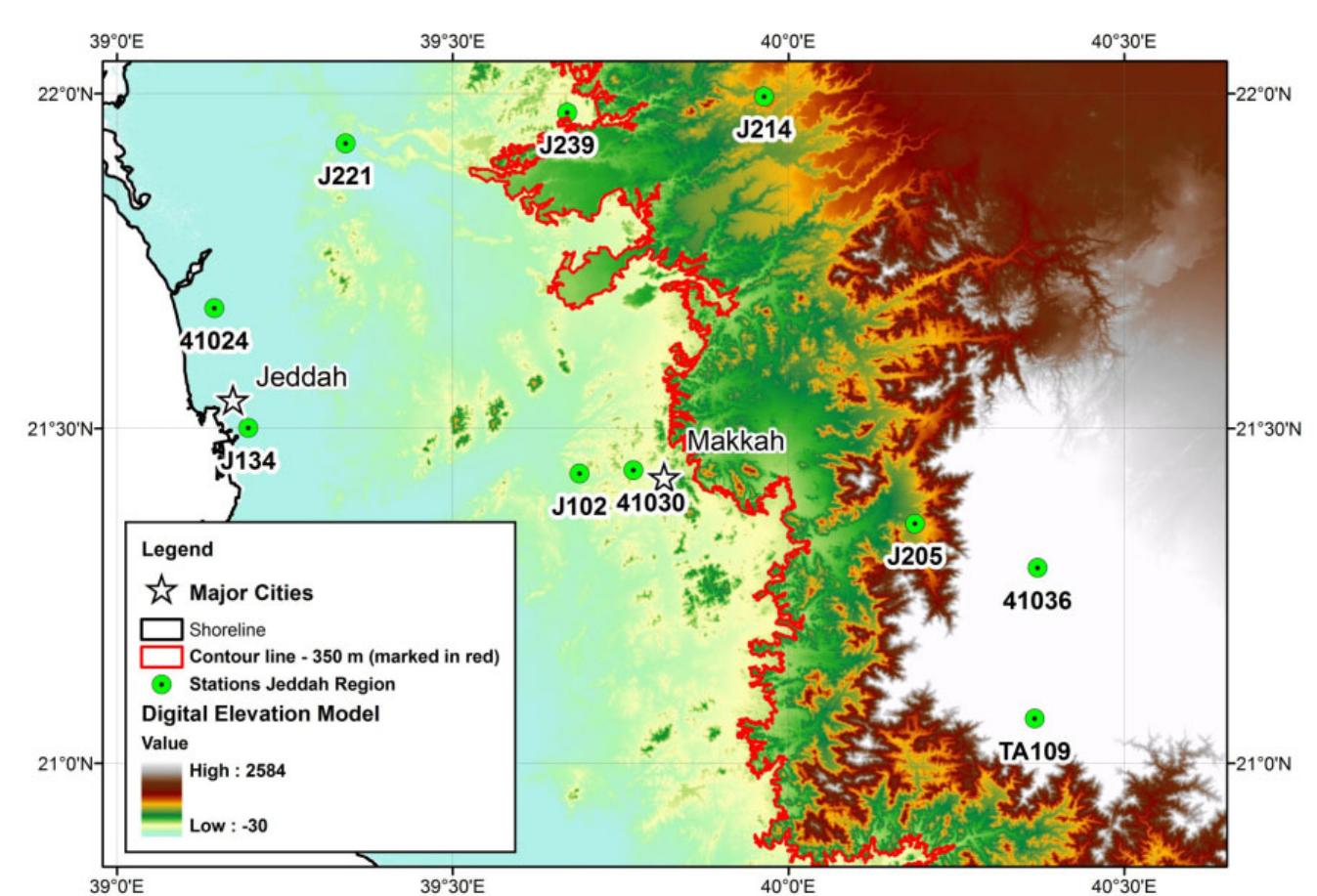 Rainfall stations location on a digital elevation model