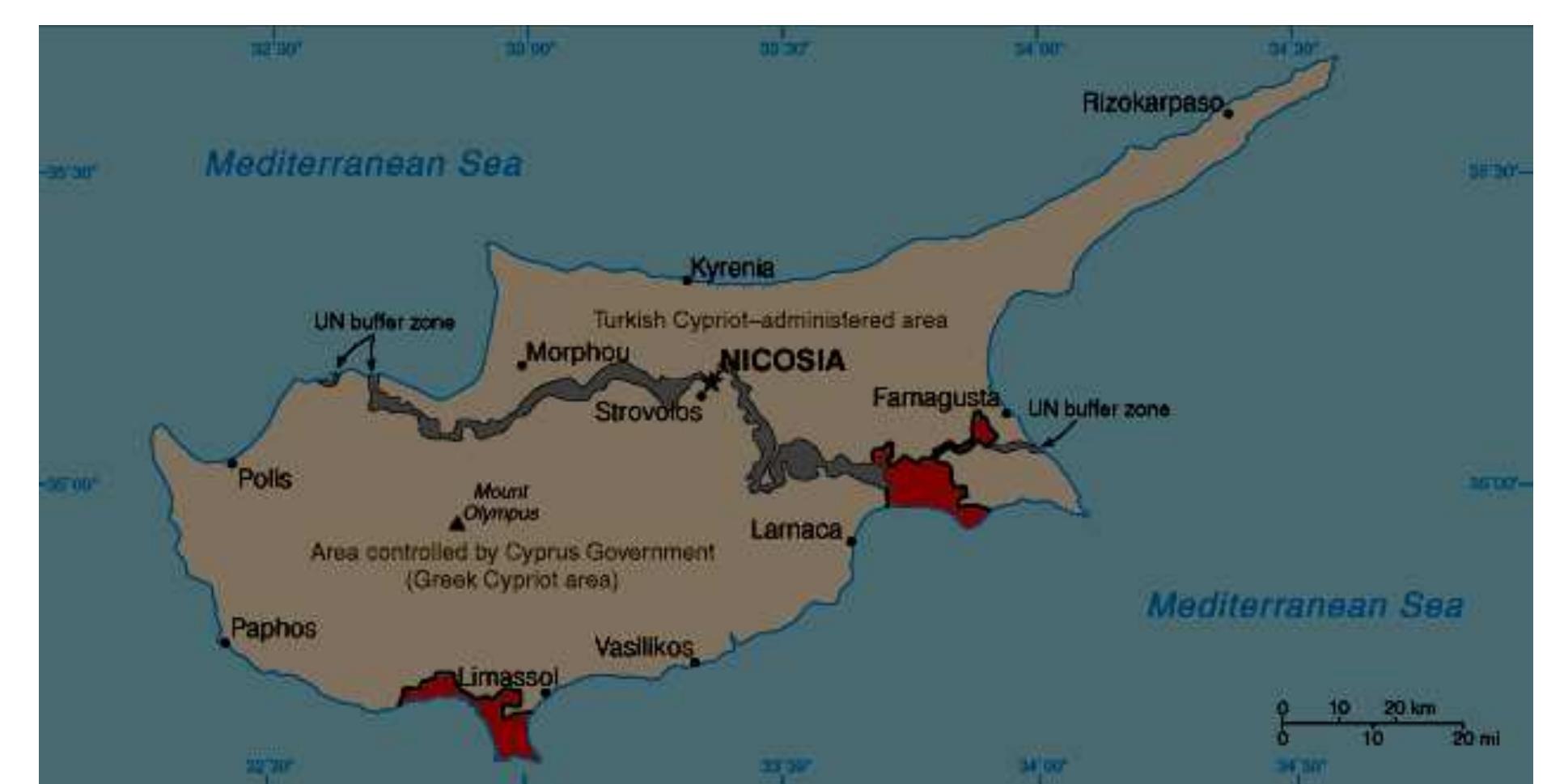 Figure 1: Map of Cyprus (Areas marked in red are territories designated as ‘sovereign British bases’) 