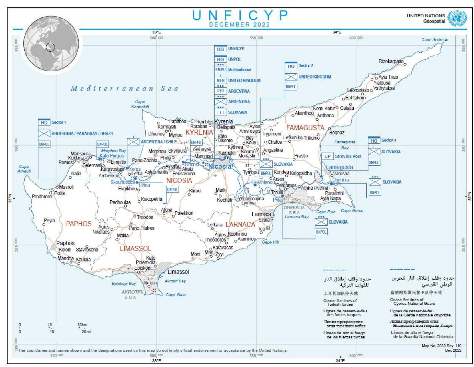 Figure 2: Map of Cyprus contained in the UN SG draft report (UN 2023)  peace-keeping purposes reflecting the complexity of the Cypriot bordering landscape. 