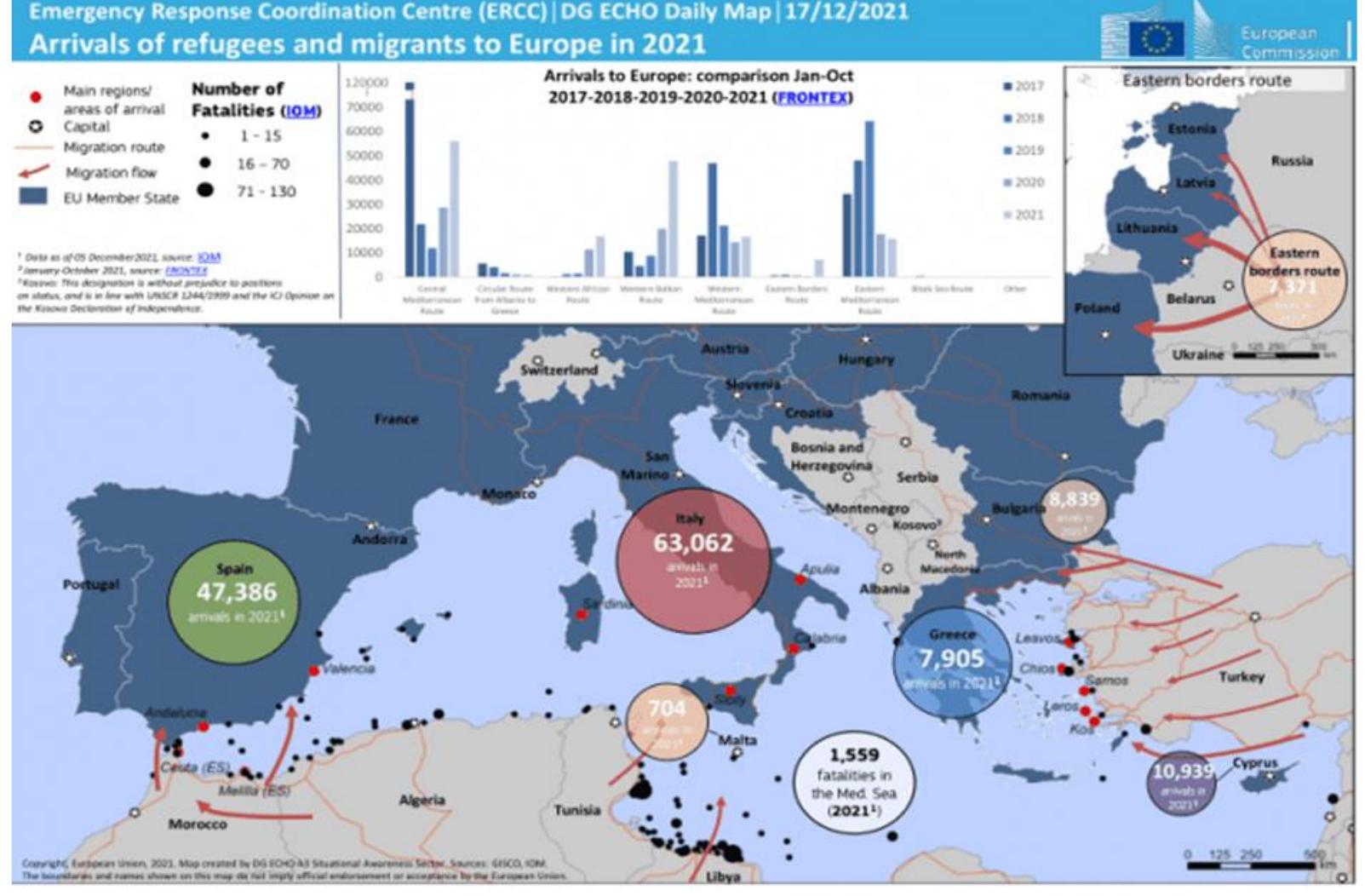 Map 3 Arrivals of refugees and migrants in Europe 2021   European countries during 2021. 