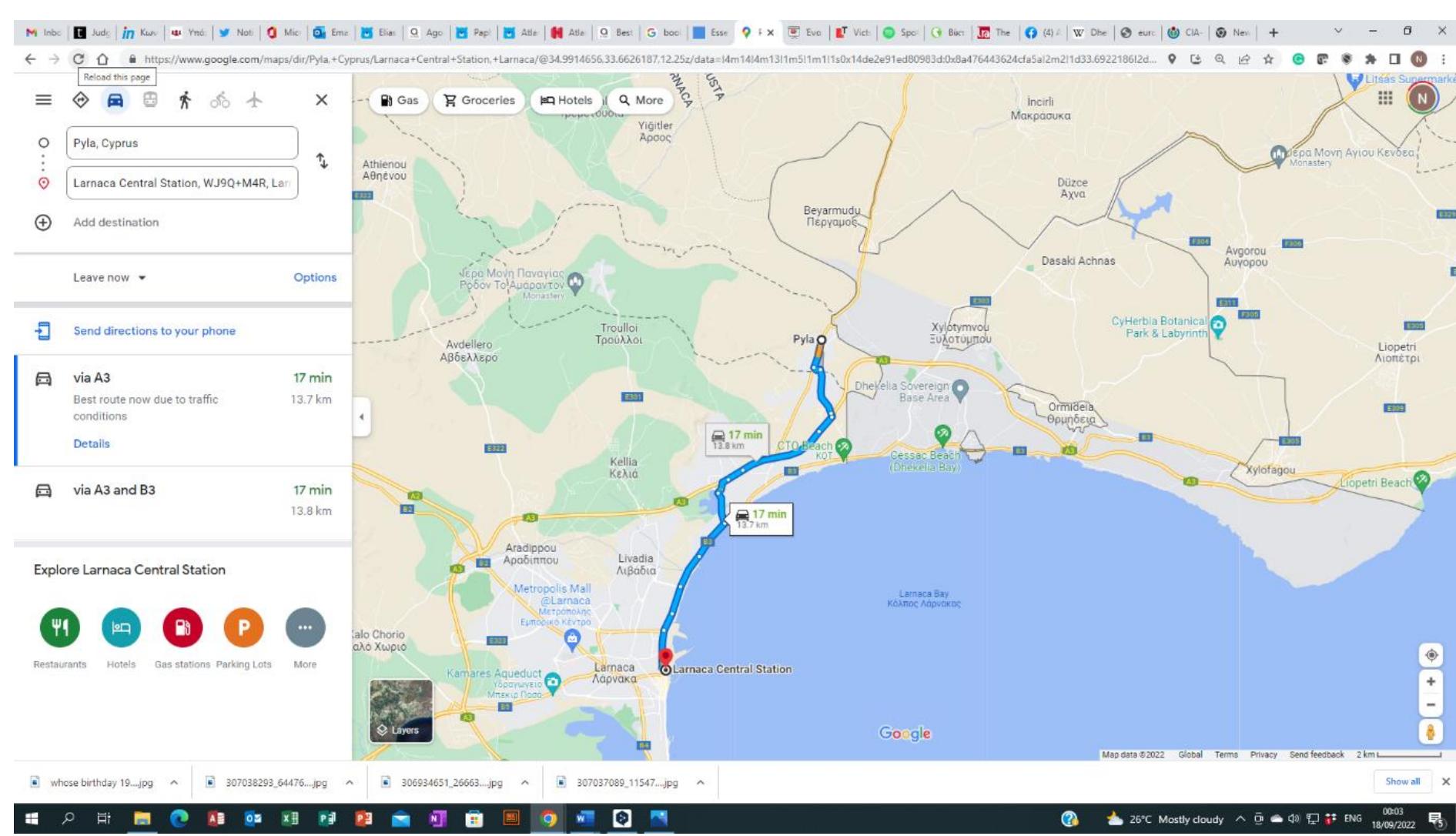 Using google maps we can see the route taken by ***** from the mixed village of Pyla to the 