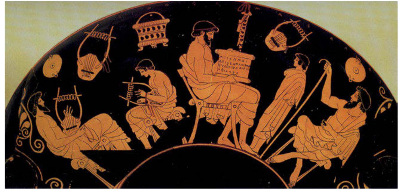 Fig. 4: Cup by Douris. Berlin, Antikensammlung, F 2285 (c) Berlin, Antikensammlung, Staatliche Museen zu Berlin  a roll and a set of writing boards containing verses, presumably epic, which are surely not drawn from the Homeric poems.* And further confirmation come: from vascular paintings. Some ceramographers are so meticulous as to include  a verse on the rolls they  have painted, in the form of a miniature inscription  and in one case we even find a sort of book title.” Such inscriptions neve come from the main Homeric poems, even when they refer to Trojan matters  So, in Douris’ cup the teac  her’s roll has the inscription Moiod pot | duet ZKa|pav  Spov élippoov | Gpxop’ dleiServ, which is clearly an incipit for a work related tc  the Trojan War, though di  fferent from the Iliad. [Fig. 4]°* 