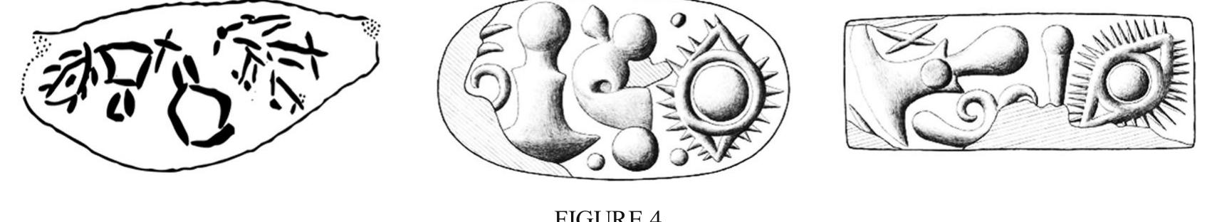 On the left: inscribed face (y) of nodule #018 (after CHIC 76); . centre and right: the impressions of inscribed seals #140 and #158 (= CMS IL8 64 and 65) found on the same nodule (not to scale; courtesy of CMS Heidelberg).  Seal face #257.a = CMS V1 93a (courtesy of CMS Heidelberg). 
