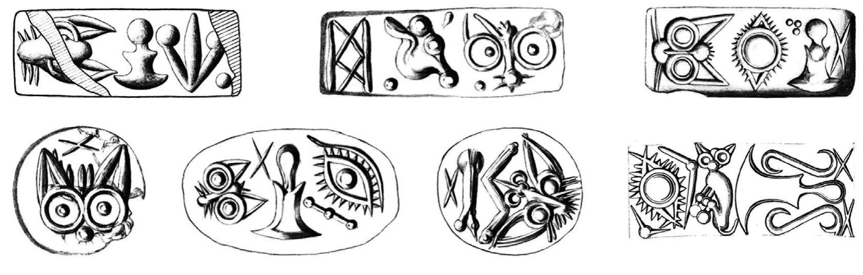 Examples of the cat (SM 074—5) that are consistent with script signs: from left to right, top to bottom, CMS II.8 082 (= CHIC #157), XII 113a (= #304.a), 11.2 316d (= #295.5), X 280, IV 156b (= #247.y), VI 145 (= #193), (not to scale; courtesy o! CMS Heidelberg), and #309 (not to scale; drawing by D. Parfitt, from Ferrara et al. 2016, fig. 2). 