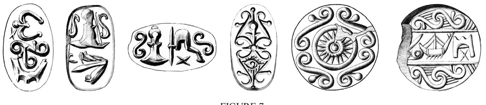 Elaborations of the SM 136 S-spiral graph on epigraphic and unepigraphic seals: from left to right, CMS VI 94b (= CHIC #265.y), XI 11a (=#220.a), VI91b (=#255.y), XII 110a (= #261.a), 11.8 44, and II.2 249 (= #191) (not to scale; courtesy of CMS Heidelberg). 