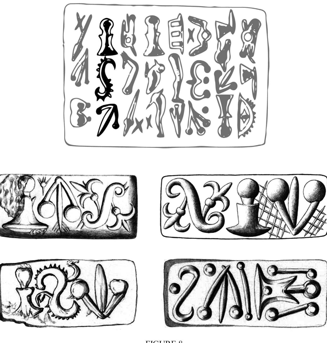 Instances where SM 136 behaves in a way consistent with writing: on top, CH/C #314 (redrawn and adapted after CHIC); at the bottom, from left to right and top to bottom, CMS II.2 3 16a (= CHIC #295.q), II.8 83, X 52a, XII 111b (=#278.7) (not to scale; courtesy of CMS Heidelberg). 