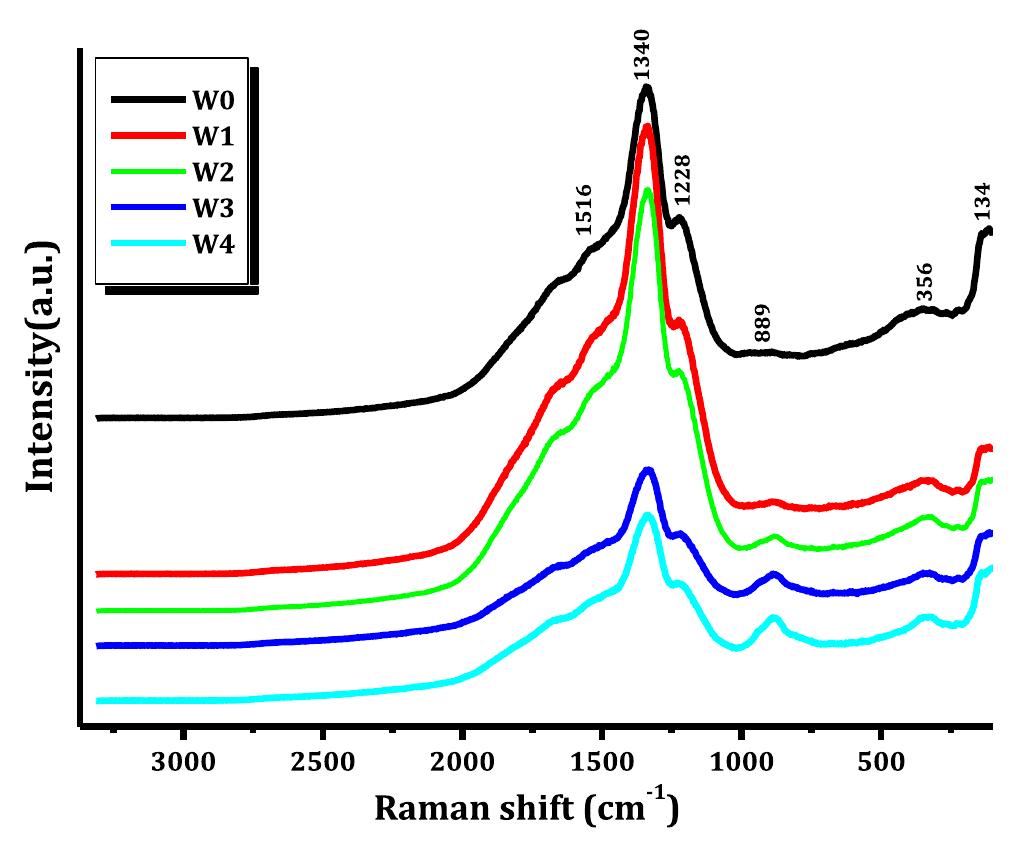 Raman spectra of all studied glass samples (wo—w4)