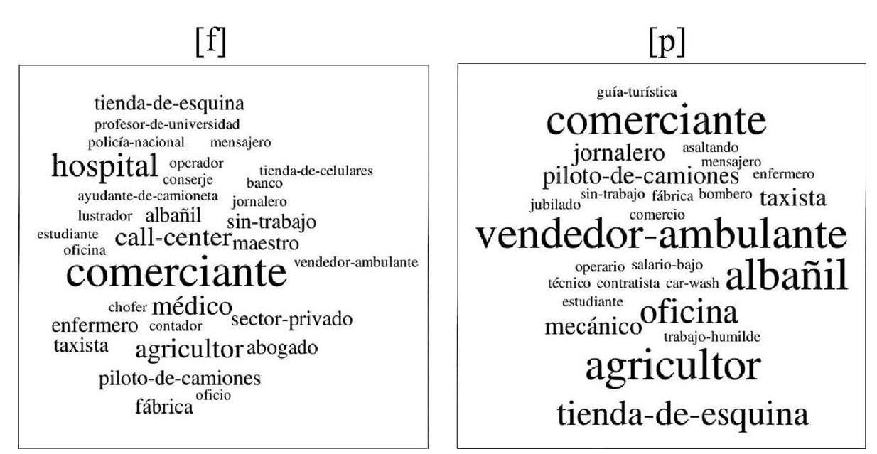 enfermero “hospital, ‘doctor’, and ‘nurse’ in the [f] guise, only enfermero ‘nurse’ appears in the [p] guise, but at a significantly lower rate (p<.o5) than the [f] guise. It is likely that the high rate of these particular responses in the [f] guise was primed by Speaker 1’s sound clip, which explicitly mentions a hospital; see (1). However, if these responses in the [f] guise were indeed primed by this sound clip, the mere presence of fortition impeded, or at least limited, such priming in responses to the [p] guise.  Figure 8. Word clouds for both [f] and [p] guises for Speaker 1, en|f]/[p]ermos, for the  question ;En qué trabajaria este hablante? 
