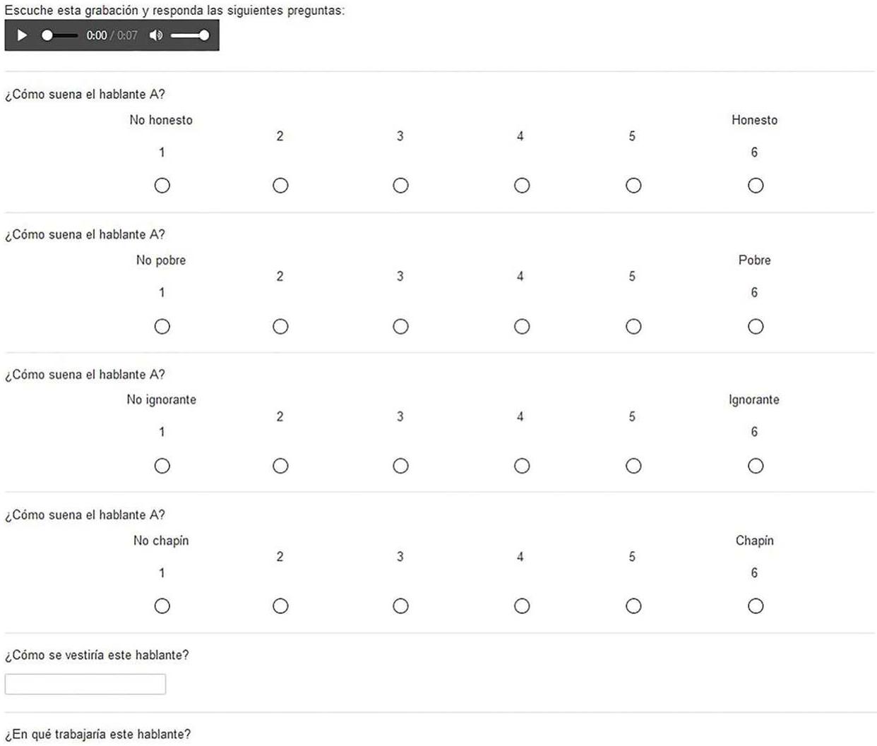 As research has indicated that the Maya are often perceived as dishonest, poor, and ignorant (Choi 2013; French 2010; Montejo 2005), participants were asked to rate the speakers from the sound clips according to these specific per- sonality traits on a 5-point Likert scale. Following previous studies (Chappell 2016; Lang-Rigal 2015), the fourth trait included in the Likert scale had to do with ‘being’ Guatemalan. Thus, participants were asked to rate how chapin, the local word for ‘Guatemalan; each speaker sounded.  Te 2AASHAR #0 T Clde# oes lb wate <ichicek tana th BIGASE AxASE SES HGS HAA ee 