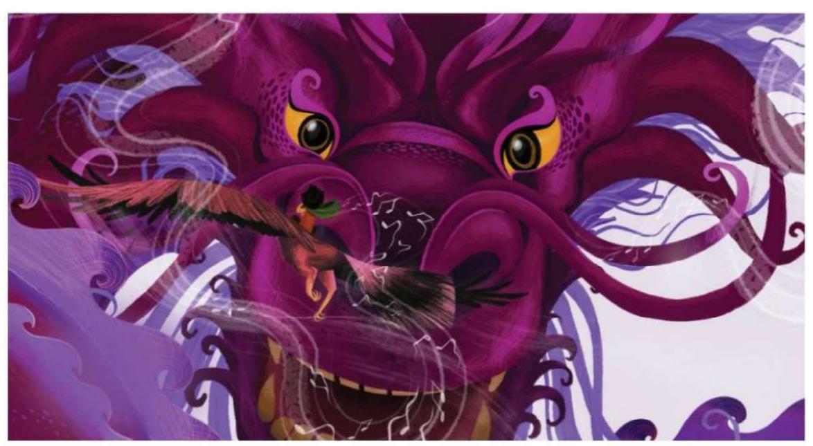 The subsystem of Graduation is used as means to enhance readers’ emotional responses to the depicted characters or events in picturebooks. In picturebooks, the choices of Graduation are realized through two subsystems namely Quantification and Force. They can be realized through the extent of repetition of depicted visual elements and the amount of space occupied by these elements on a picturebook’s spread (Painter et al., 2013). For instance, the depicted dragon (Smong the Dragon, Hartano, 2020) in Figure 9 takes up most of the available space of the frame with the Quantification choice of extent and upscaled Force.  Figure 9. Extent Quantification and Upscaled Force from Smong the Dragon (Hartano, 2020) 