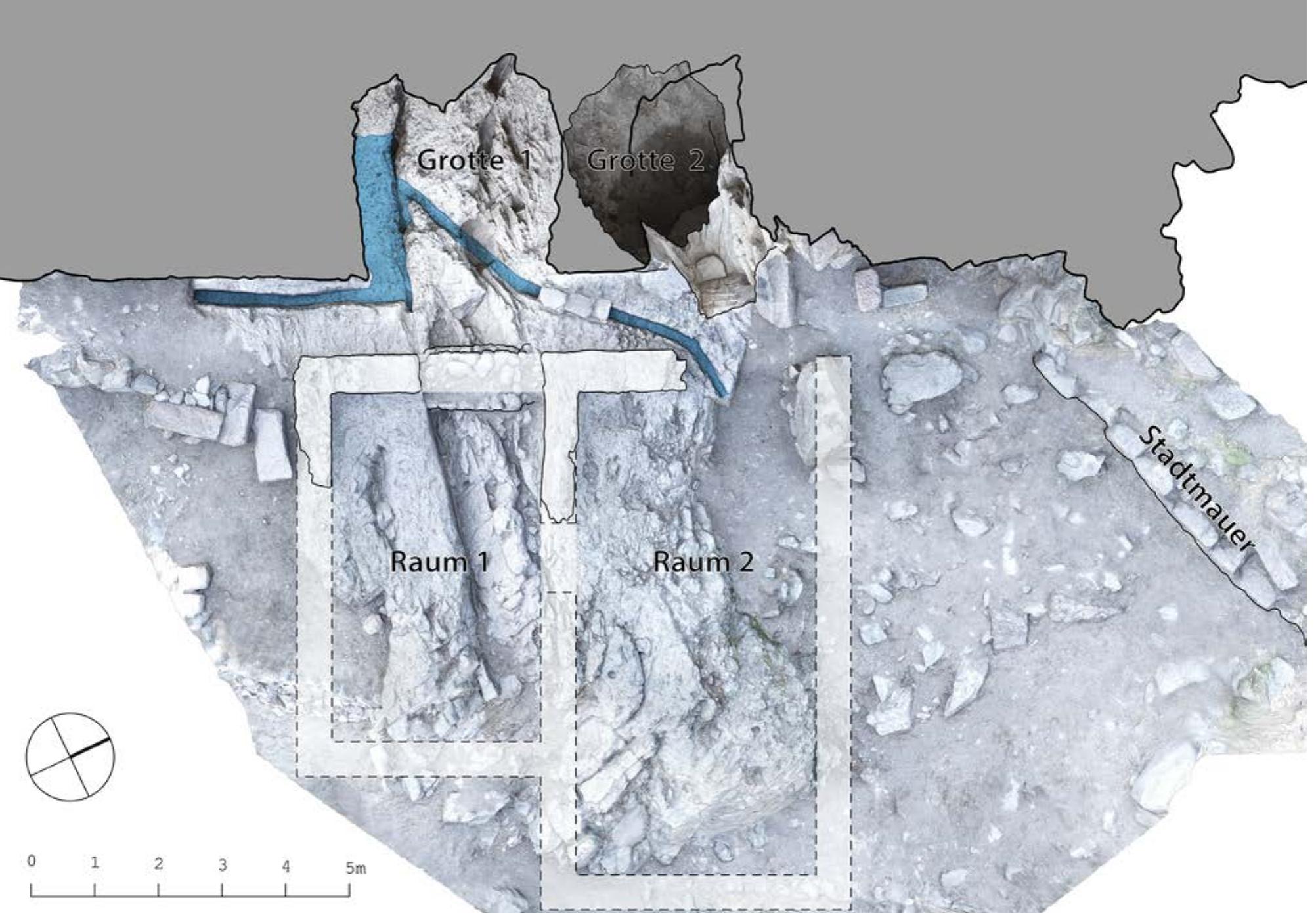 The most striking eviderSof cultic use was found during the 2010 excavatio sip the so-called grotto sanctuary (fig. 1)". The sanct was built on a rock outcrop with two natural cavities. The area in front was worked horizontally, the rock face on the slope side vertically. These interven- tions in the natural rock were made to erect a building in front of the two grottos (fig. 2). Wall foundations cut into the rock allow us to recon- struct at least two rooms and a passage running in front of the grottoes. The full dimensions of the building and especially its extension to the north and south remain unclear, as deep erosion gullies have completely destroyed the ancient surface surrounding the rock outcrop. However, it is likely that more rooms followed to the south, since the vertical rock wall on the slope side continues for   Fig. 2. Pergamon. Grotto sanctuary. Orthophoto with reconstructed room structures (DAI-Pergamongrabung; O. Bru- derer, B. Engels).  of most of these sites confirmed this idea with varying degrees of probability”. 