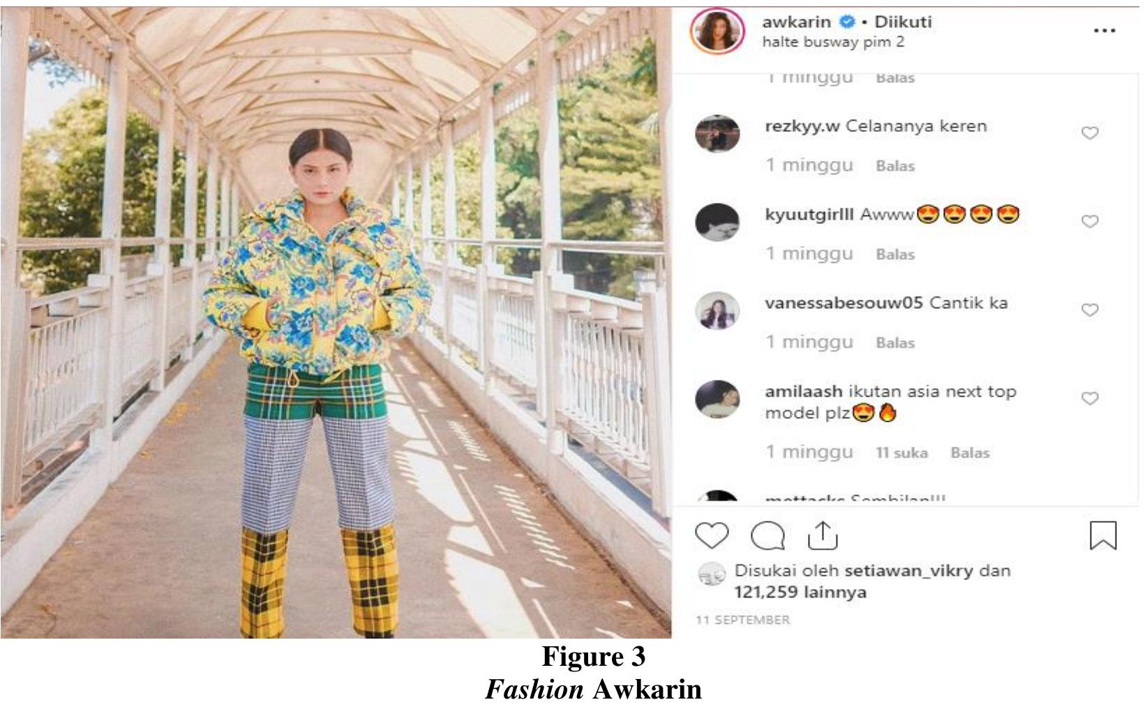 4.2.4 Specialization  From the aspect of personality, the Instagram account of Awkarin has focused on a certain domain and has mastered the whole contents in the domain. Such initiative certainly delivers peculiar strength of an individual among the people who view and assess the individual. In other words, being generalist without any peculiar skill, expertise or talent will not make an individual special. Specific to the context of the study, every post of Awkarin is identical with a fashionable individual who always depicts the peculiar and interesting fashion style. In turn, the attention of the millennial generations is taken away and they would like to change their fashion style in the daily life. 