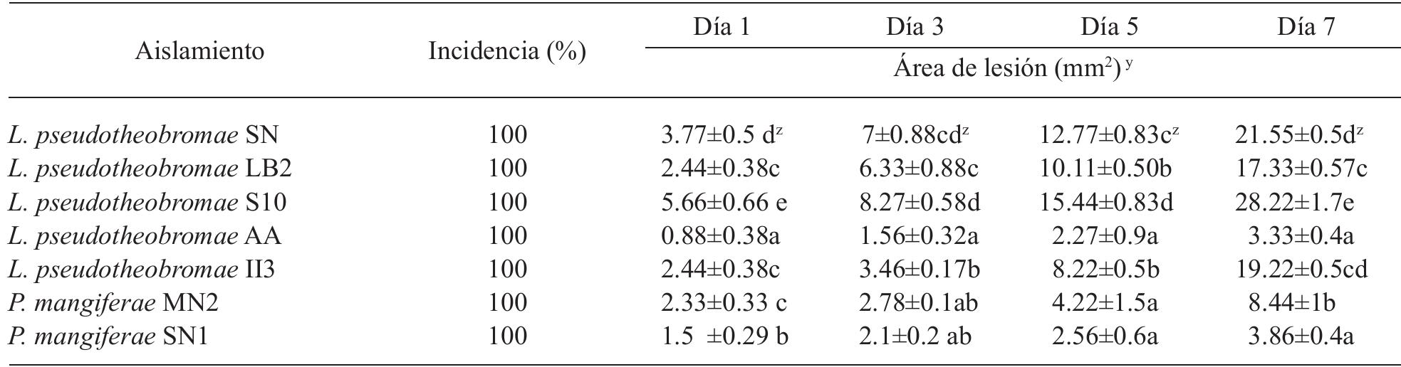Y Each value represents the mean + standard deviation. * Means with different letters in each column are statistically different (Tukey, p<0.05). / Cada valor representa la media + desviaciOn estandar. * Medias con letras distintas en cada columna son estadisticamente diferentes (Tukey, p<0.05).  Table 1. Lesion area in branches of mango var. Manila inoculated with isolates of L. pseudotheobromae and P. mangiferae. Cuadro 1. Area de lesion de ramas de mango var. Manila inoculadas con aislamientos de L. pseudotheobromae y P. mangiferae. 