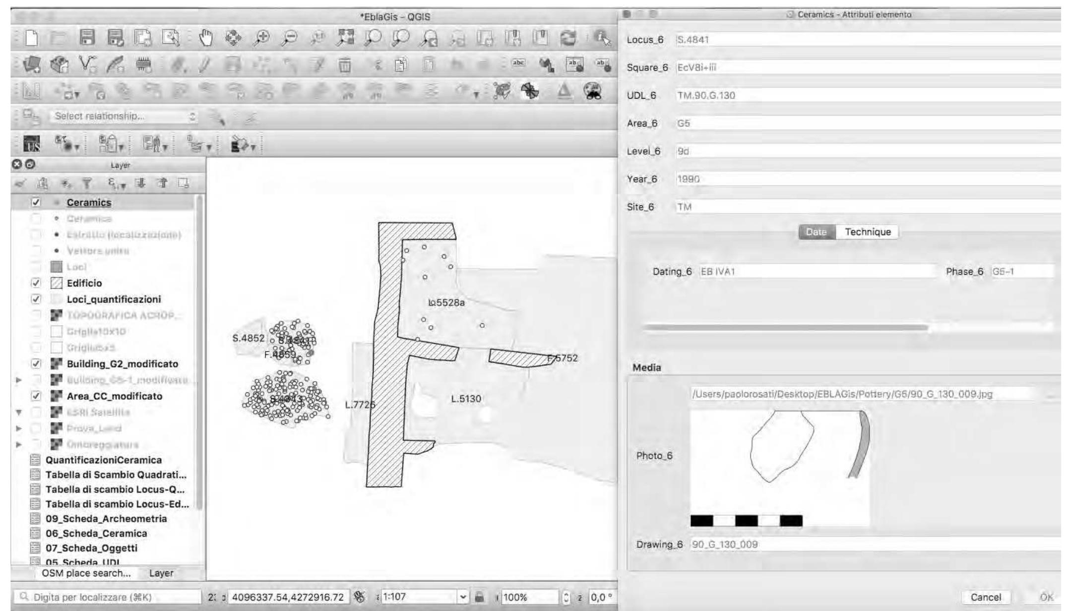 ig. 10.4 The Ebla GIS platform, a view of loci L.5528a, L.7726, L.5130, S.4852, 8.4841, $.4043, L.7726 nd F:5752 on the right, the information sheet for Locus S.4841 on the left. The points are reconstructed ased on the position of the ceramic fragments found in 1990. (OMAIPE).  Vithin each Square, the Buildings are associated with alphanumeric information (name, position, type, func-  ion). These are in a 1:n relationship with the squares into which the excavation is divided. Each Building ontains a number of Loci (1:n relation), and each Locus, as a specific part of a building, is associated with olygons describing its shape and architectural extension (1:n) and with a centre point (1:1). Within each suilding and Locus, ceramic sherds were repositioned, and their arrangement highlights the density of pottery  ound within (the placement is random but nevertheless interesting for statistical density purposes) (Fig. 4). 