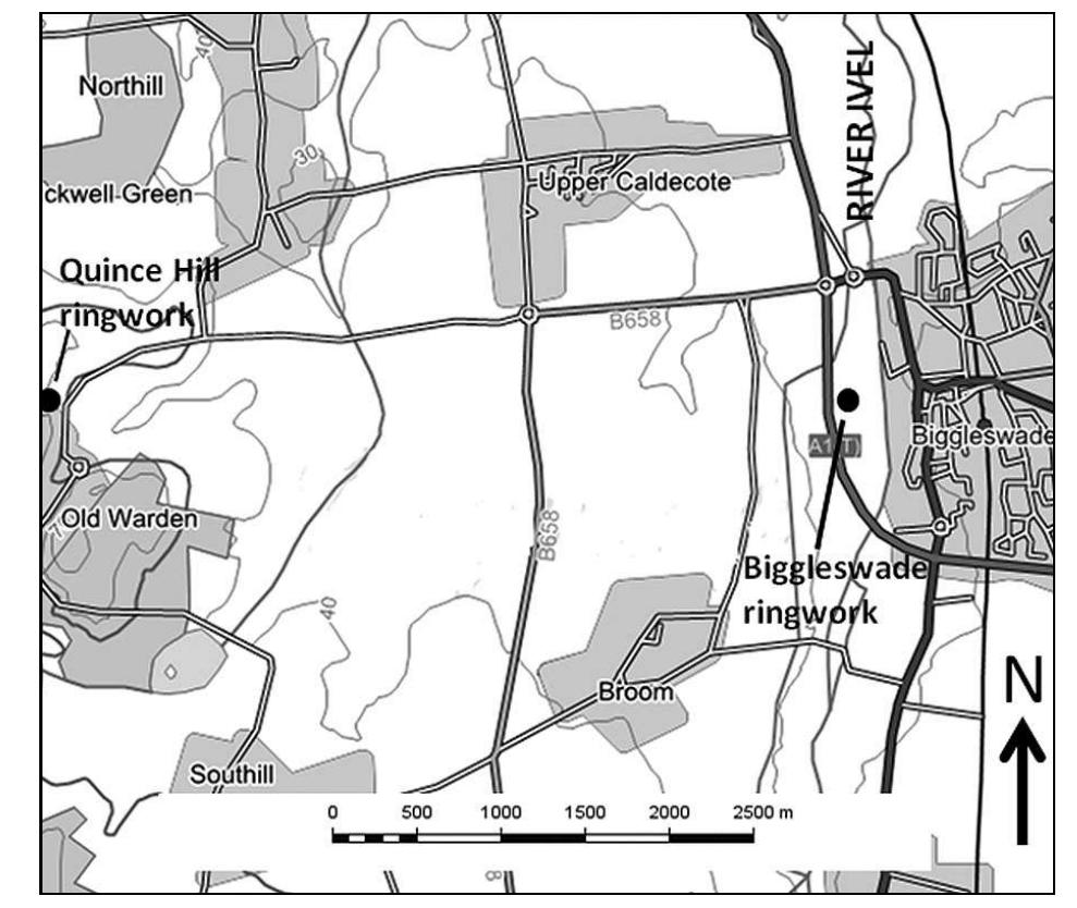 Figure 1 The River Ivel valley between Biggleswade and Old Warden, central Bedfordshire. © Crown Copyright/database right 2009. An Ordnance Survey/EDINA supplied service.  The market-place measures about 130—140m in length and 70—80m wide at its broadest (eastern) end, although it probably originally extended further to both west and east. A charter for a market to be held in Biggleswade was granted by King John (1199-1216) and confirmed by Henry III in 1227. The Bishop of Lincoln held the manor and there is a tradition that a Bishop’s Palace stood in the vicinity of the church, or just south of the market- place in Palace Street (Albion Archaeology 2000: 12-13). The market-place seems to have been laid out formally at some time in the 12th—13th centuries, with records of burghage plots dating from the early 13th century (Page 1908). It has been suggested that the market-place may have been laid out at right angles to an existing road system aligned north-south — a deliberate strategy to re-route traffic between Baldock and Sandy through the town (Dawson 1994; Albion Archaeology 2000: 13). However, such a re-fashioning of the town plan would have required extensive demolition of existing properties if undertaken from scratch and it seems likely that any such planning event would have made use of pre-existing features and layouts. 