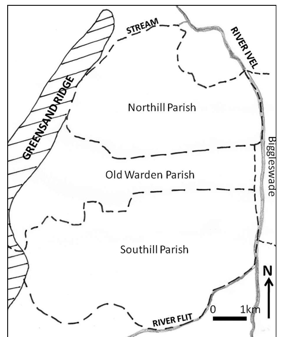 Figure 4 Parish boundaries (after Mortimer and McFadyen 1999; 57).  The Old Warden corridor effectively divides what was clearly once a single estate or territory, encompassing 