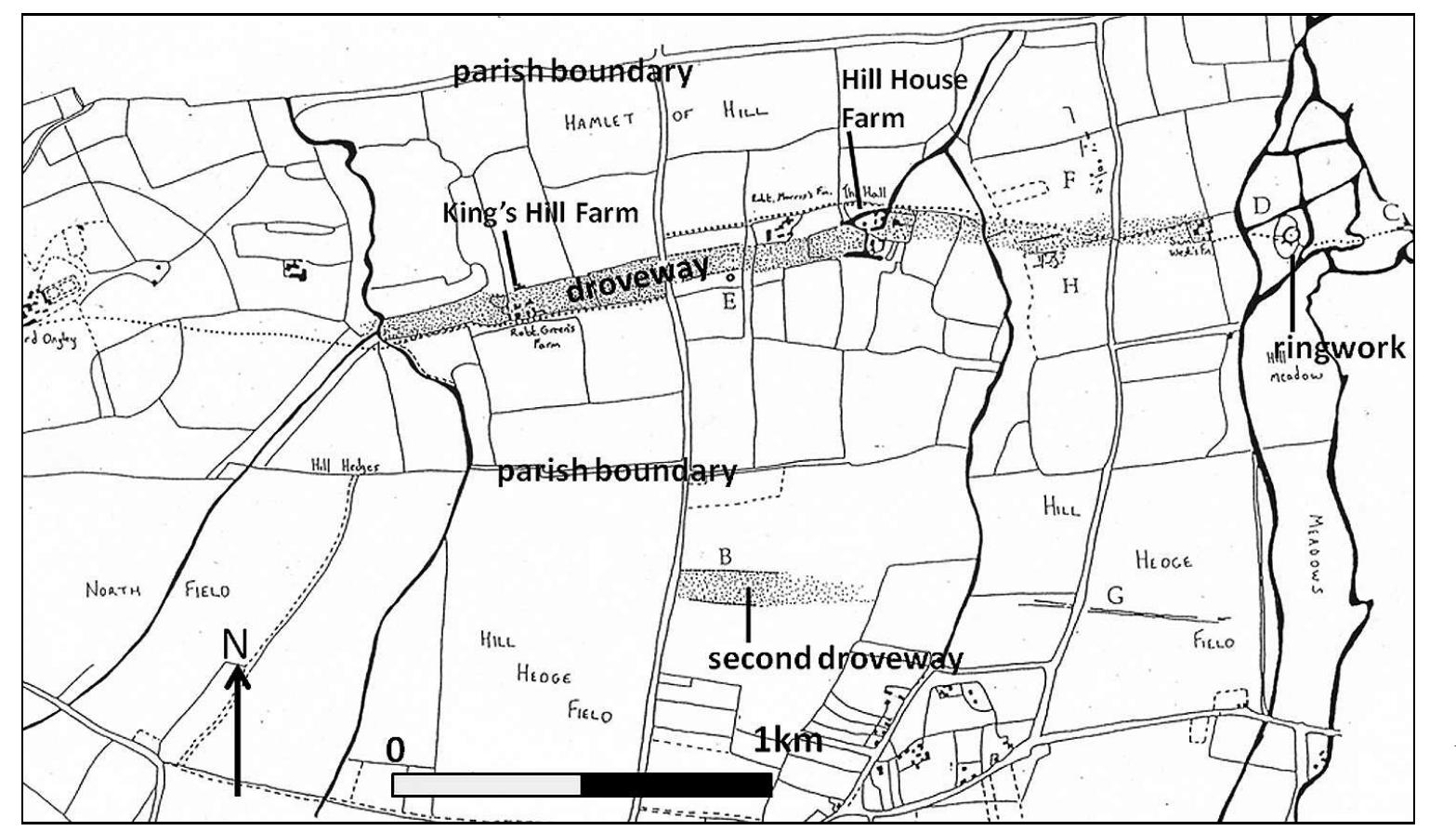middle Anglo-Saxon period, forming part of what was interpreted as a broad green road or droveway (Mortimer and McFadyen 1999: 48-59).  landscape features like the northern route. Indeed, what makes the northern trackway especially interesting here is the extent to which it is embedded in the landscape, and particularly its relationship to the parish boundaries either side. As Mortimer and McFadyen (1999: 57, Fig 13) have shown, the parish boundaries of Old Warden appear to have been shaped to accommodate the pre- existing trackway, forming a broad east—west corridor up to [km wide and over 4km long. The trackway runs right along the centre of this corridor (Fig. 4). 