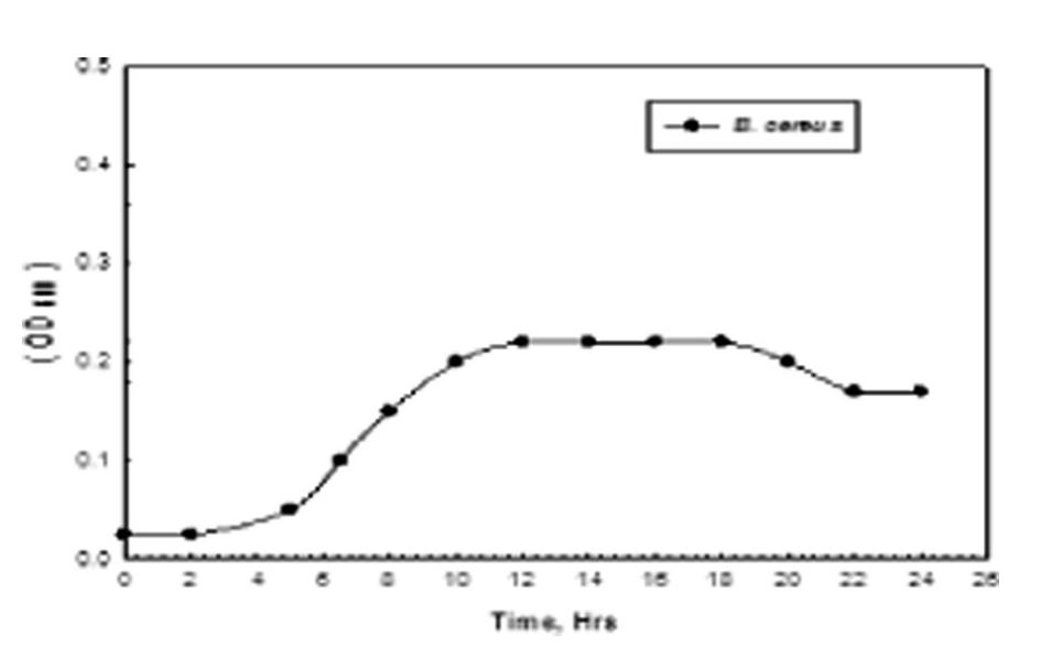Fig. 3. Growth curve of B. cereus.  taken as a measure of the maximum number of cells produced. The curve showed that the maximum number was obtained after 12 h. 