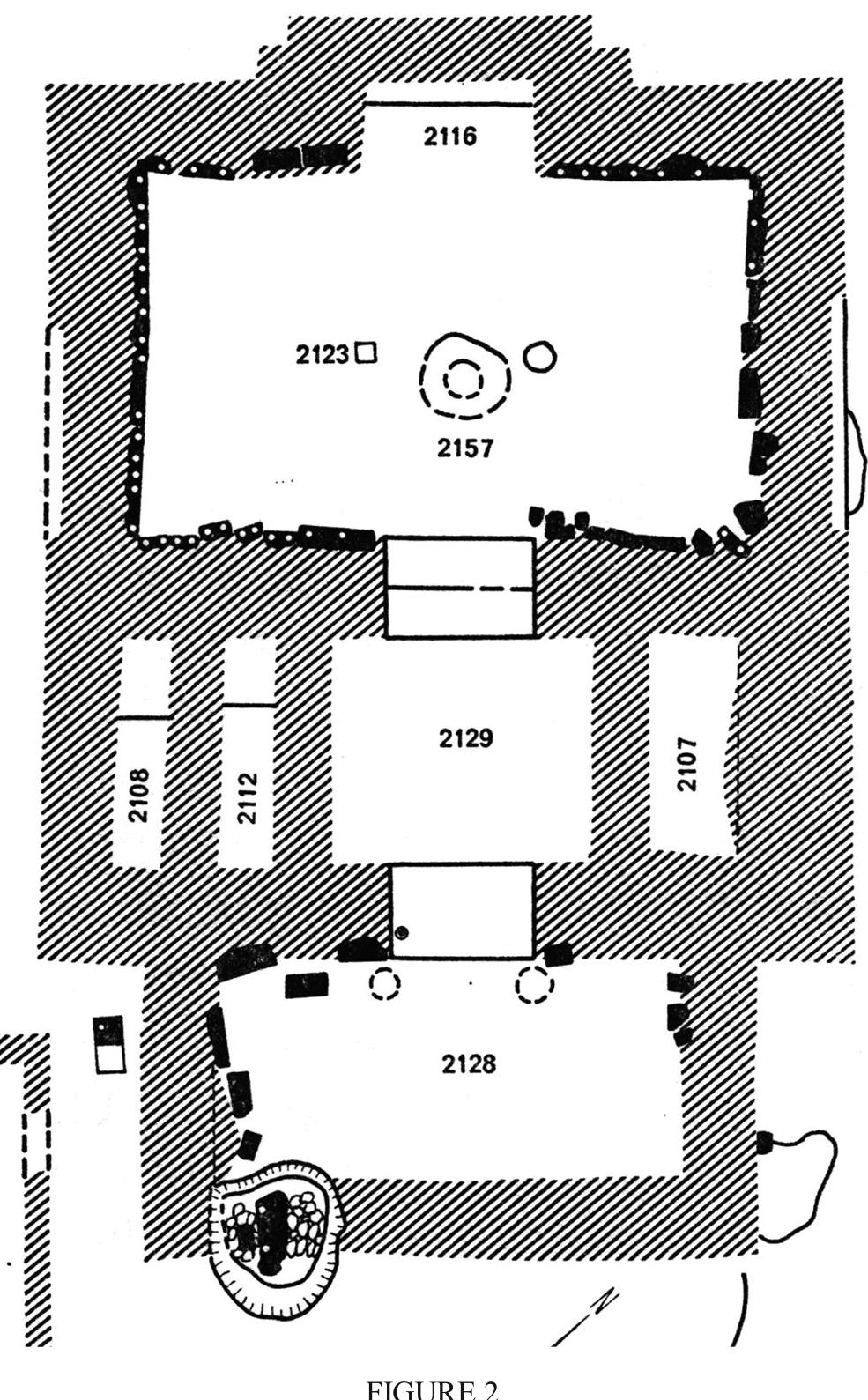 Plan of the Orthostats Temple; note at left the pit in which the lion orthostat was found (reproduced from Yadin 1972, fig. 20). 