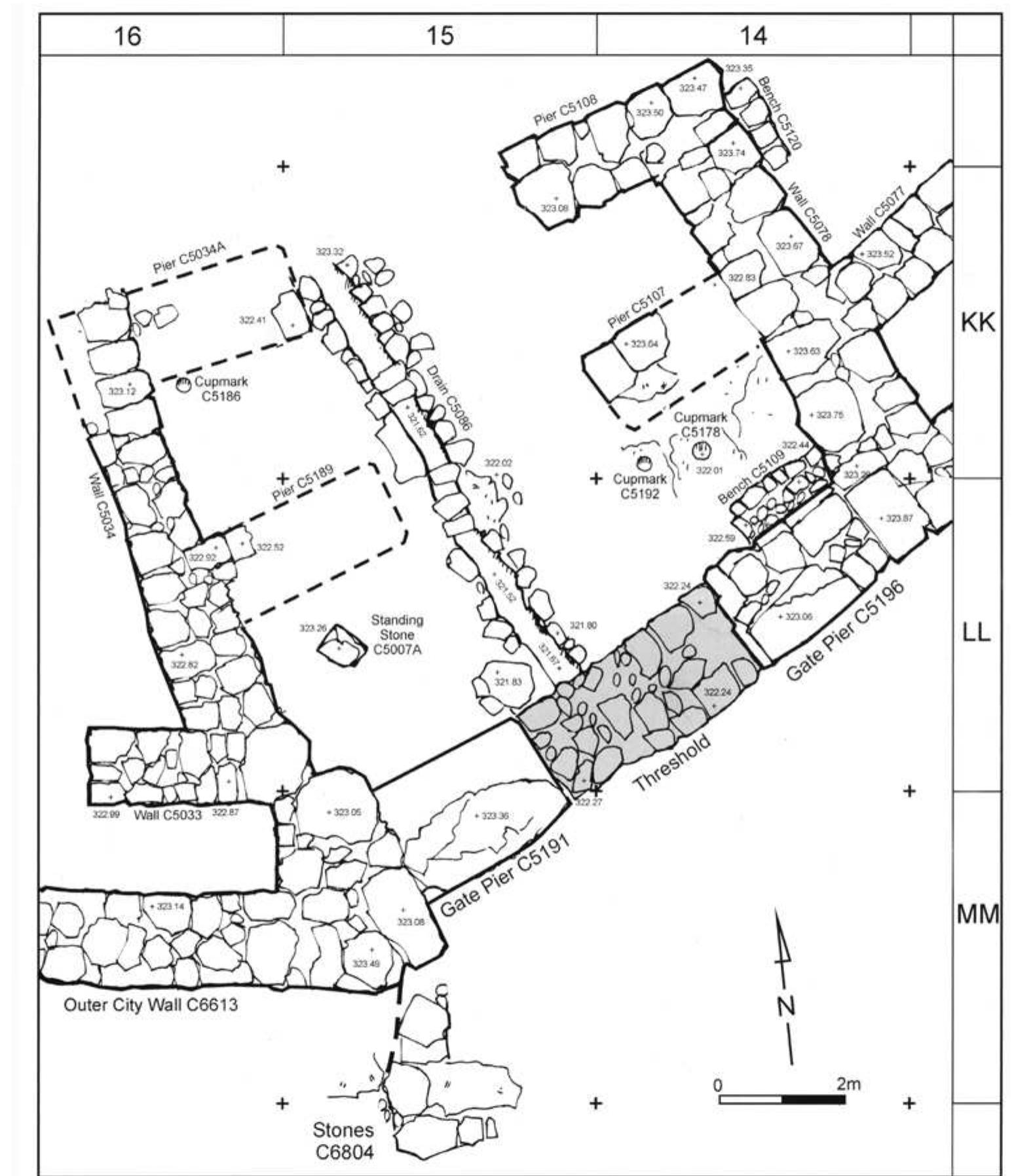 Fig. 3. The South Gate; the shaded area marks the threshold of the outer entrance (reproduced from Qeiyafa 2: fig. 7.55) 