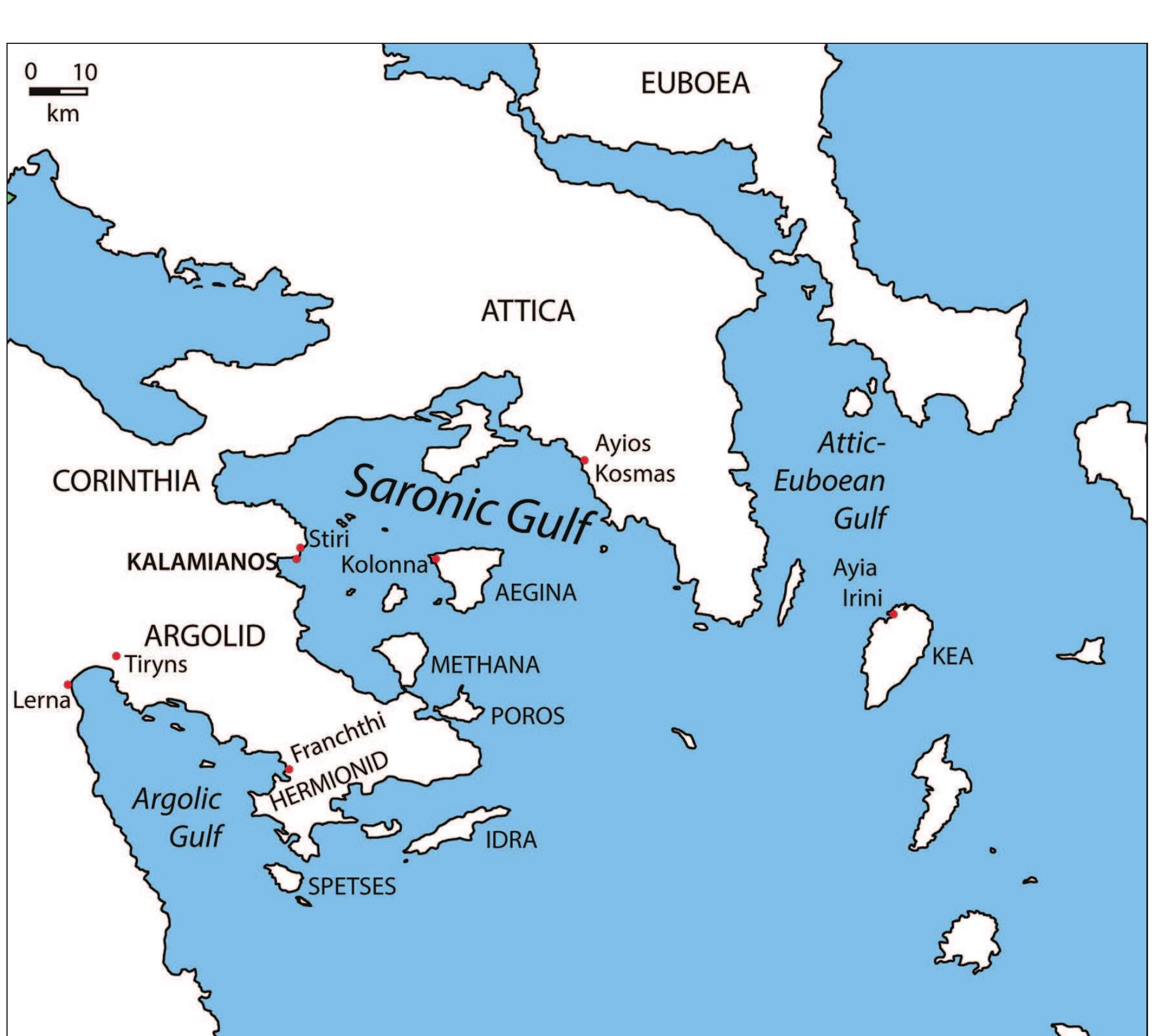 Figure 1. Map of the Saronic Gulf and surrounding regions, with sites and regions mentioned in the text. 