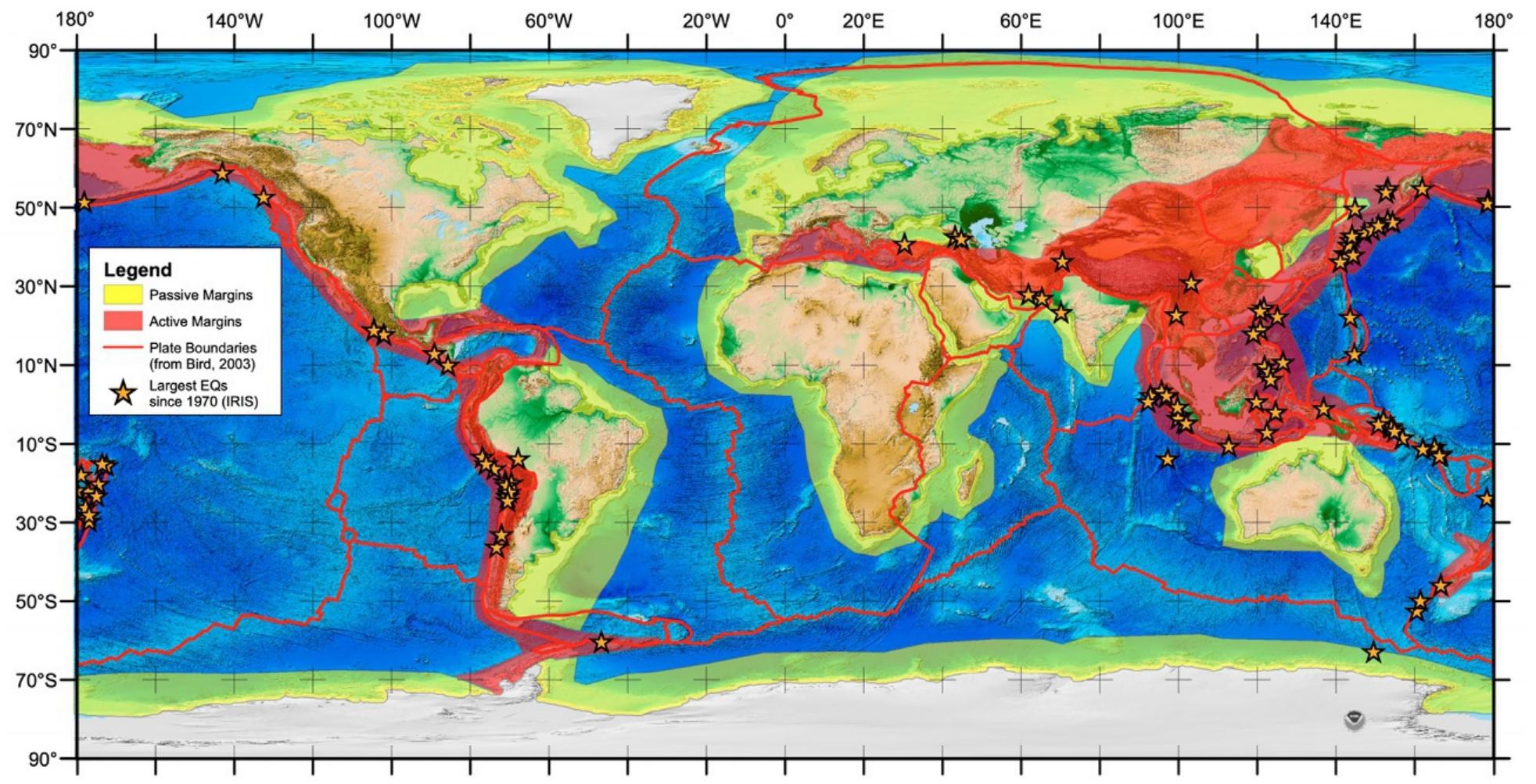 Map of rifted-passive (green) and active (red) plate margins