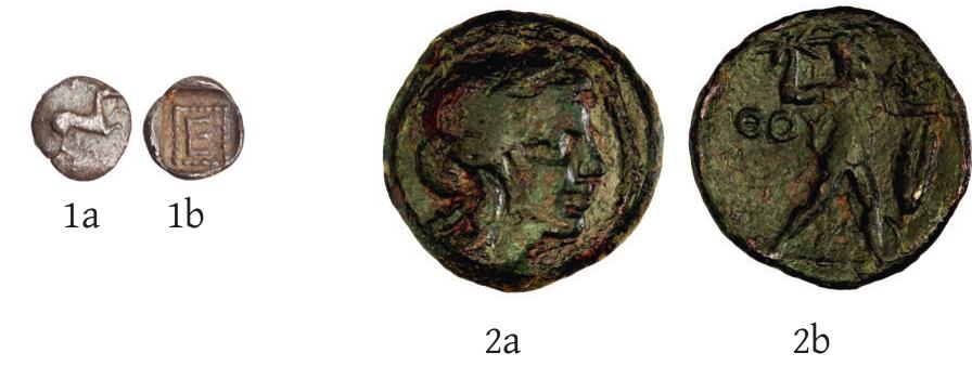 Plates 1 and 2. Greek hemiobols, silver and bronze: 1. Peloponnesus, Psophis, hemiobol, 5th century BC, 0.34 g, 7 mm, AR, ANS 1968.57.61; 2. Peloponnesus, Messenia, Thuria, hemiobol, 2nd century BC, 6.02 g, 22 mm, AE, SNG Cop. 542-4, ANS 2006.31.2. 
