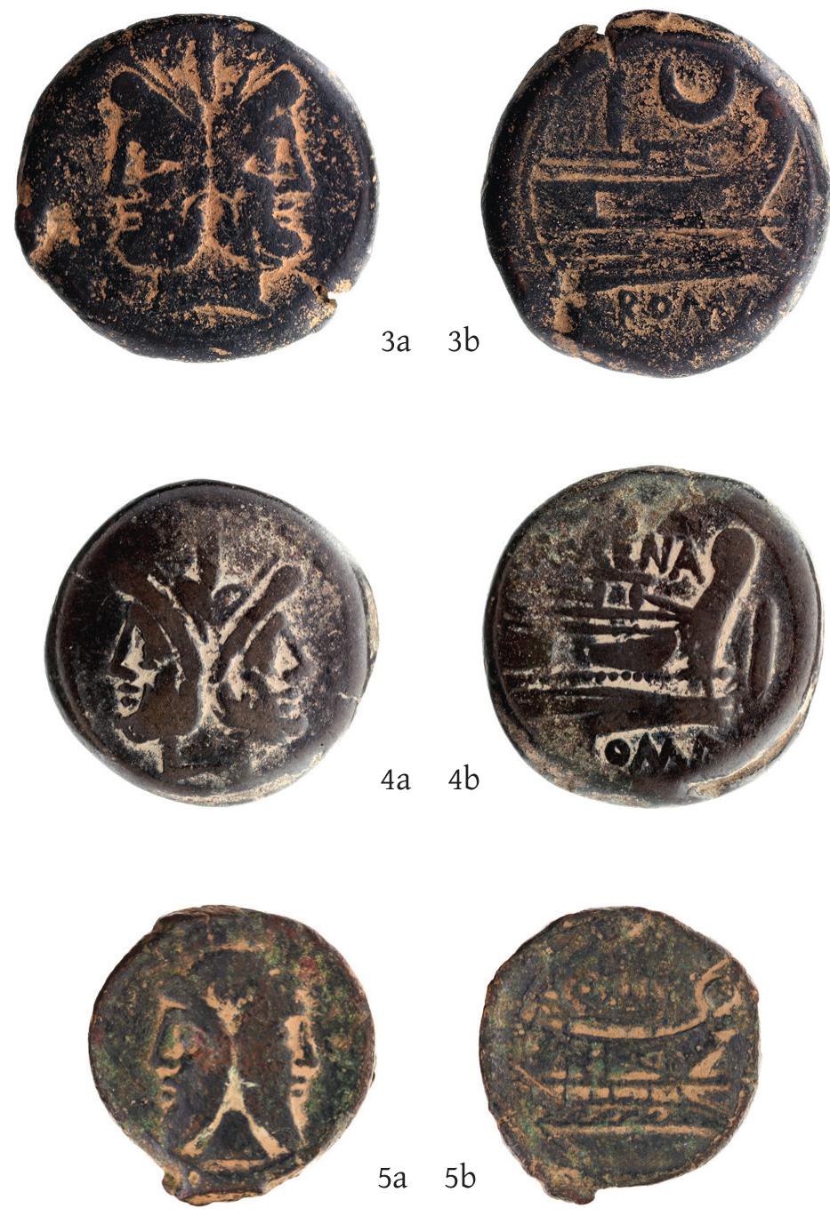 Plates 3, 4 and 5. Roman Republican bronze asses,  PLIGALLS YJ, TALIM Ye NV Ee eee wee MELVILLE UII) decreasing weights: 3. Rome (Crescent symbol), as, 207 BC, 41.93 g, 36 mm, AE, RRC 57/3, ANS 1969.83.251, gift of Eugene R. Miles; 4. Rome (Murena), as, 169-158 BC, 23.72 g, 32.5 mm, AE, RRC 186/1, ANS 1969.83.283, gift of Eugene R. Miles; 5. Rome (Q. Titius), as, 90 BC, 15.10 g, 27.8 mm, AE, RRC 341/4a, ANS 1969.83.490, gift of Eugene R. Miles. 