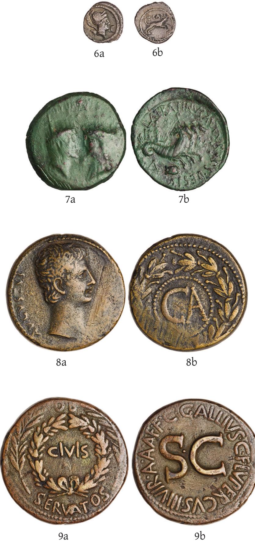 Plates 6, 7, 8 and 9. Sestertius, from silver to bronze: 6. Rome (T. Carisius), sestertius, 46-45 BC, 0.96 g, 10 mm, AR, RRC 464/8a, ANS 1944,100.3327, estate of Edward T. Newell; 7. Achaia (L. Sempronius Atratinus serving Marc Antony), sestertius (light series), 37-36 BC, 9.34 g, 28.8 mm, AE (leaded bronze), RPC1 1459, ANS 1944.100.7102, estate of Edward T. Newell; 8. Asia, Pergamum? (under Augustus), sestertius (CA series), 27-23 BC, 24.27 g, 33.4 mm, AE (orichalcum), RIC 501 (2nd ed.), RPC 1 2233, ANS 1944.100.39189, estate of Edward T. Newell; 9. Rome (C. Gallius Lupercus, under Augustus), sestertius, 16 BC, 22.88 g, 35 mm, AE (oricalchum), RIC 377 (2nd ed.) ANS 1944 100 38365. estate of Edward T. Newell. 