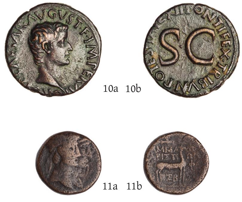 Plates 10 and 11. Imperial as, provincial assarion (Augustus): 10. Rome (Tiberius under Augustus), as,  AD 10-11, 10.61 g, 26.5 mm, AE, RIC 469 (2nd ed.), ANS 1944,100.39273, estate of Edward T. Newell; 11. Ephesus, one-unit (=assarion?), 27 BC - AD 14, 5.64 g, 18.4 mm, AE, RPC | 2587, ANS 1944.100.46089, estate of Edward T. Newell. 