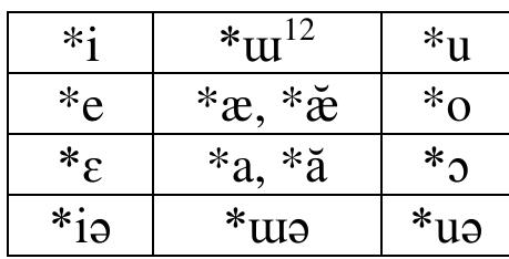 Middle Chinese  had only 8 vowels with no length distinction or diphthongs, as in Table 12. All the  vowels of Middle Chinese have also been reconstructed in Proto-Vietic and Proto-Viet-Muong, the  latter seen in hig  hlighted cells in Table 11. While a causal relationship is uncertain, it is notable that  Viet-Muong largely lost its length distinction in intense language contact with a language without a  vowel-length dis  inction. Of course, this affected the entire Viet-Muong phonological system and  therefore does not mark any syllables as more likely to be SV syllables. 