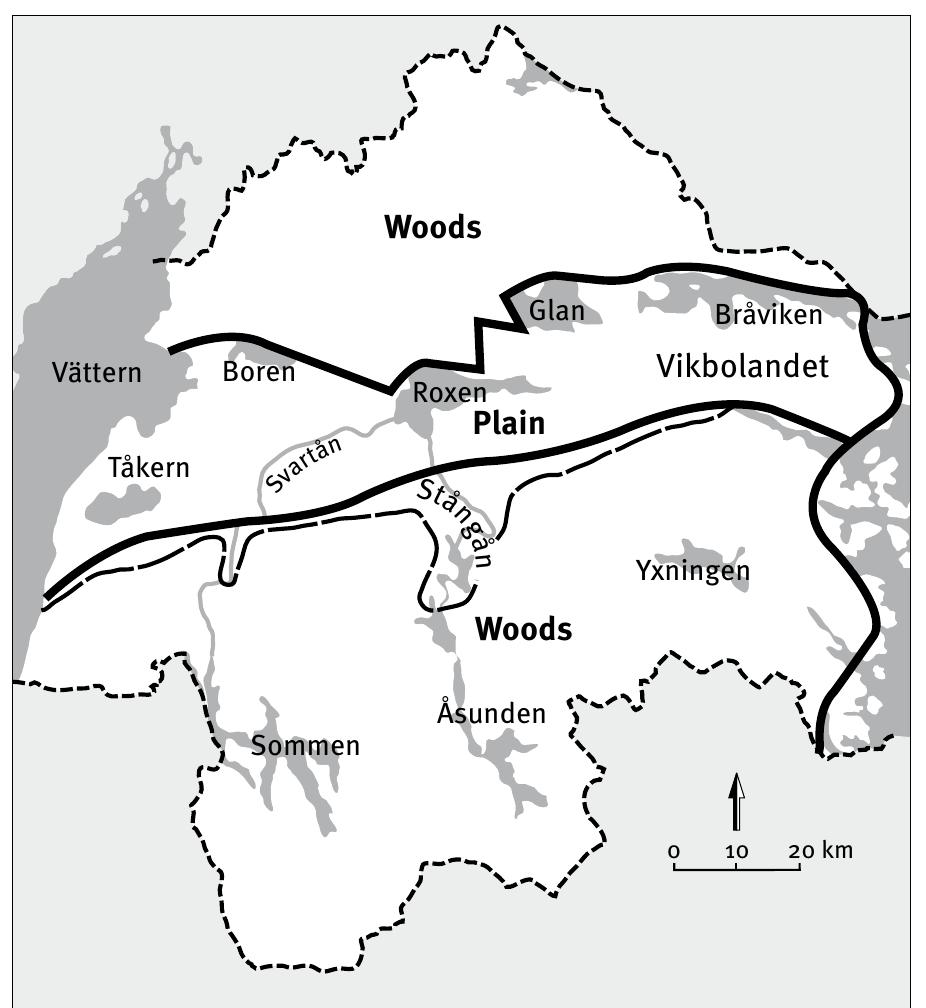 Fig. 2:2. Ostergotland’s natural geography, after Elfstrim 1983. Map by Franciska Sieurin-Lonnqvist.  The main routes into and out of the plains be- 