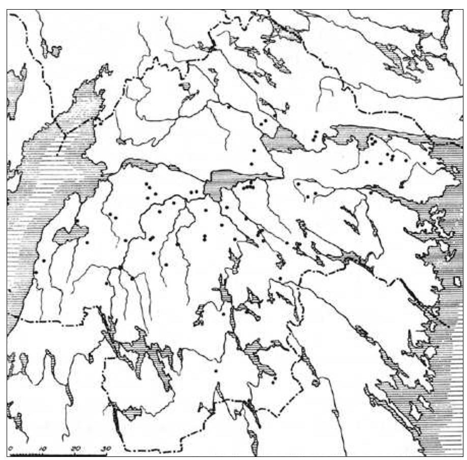Fig. 3:1. Farmstead names ending in -inge, dating from the early 1st Millennium ab, after Franzén 1937. 