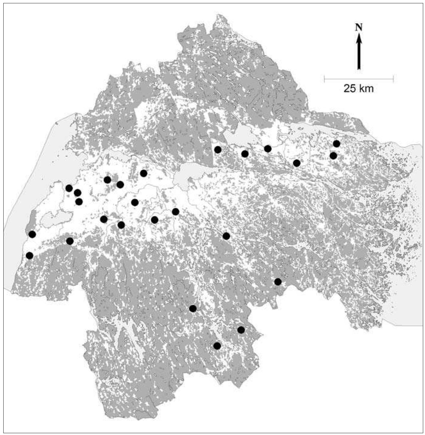 Most weapon finds of the period occur singly and several kilometres from the nearest neigh- bour. A problem for our present purposes is that the weapon burial custom petered out in the 3rd century, leaving a more than century-long gap in the record before we reach the start of our main period of study. Only two weapon finds can be dated firmly to phase c3. Any 4th-century chang  le can however be read into this.) The northern woods are devoid of finds. In the southern woods are four finds, all along waterways into north- ern Smaland. Nicklasson (p. 56) suggests that the farmsteads marked by these weapon graves may have controlled the distribution of bog iron from the highlands (on the era’s iron production in Ostergotland, see Rif 2008). 
