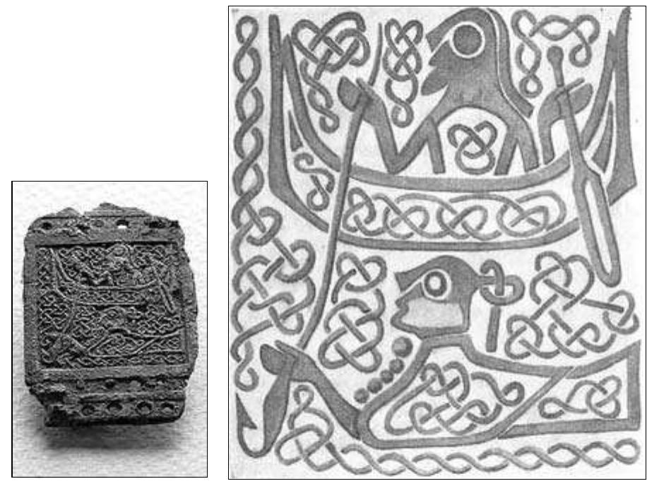 Fig. 5:3. Asktorpet/Solberga in Askeby: strap mount prob- ably from a bandolier. Middle Vendel Period, c. AD 650. Length of pictorial panel’s frame 30 mm. Photograph by John Ljungkvist, sum. Painting by Harald Faith-Ell, Arbman 1941 fig. 14. 