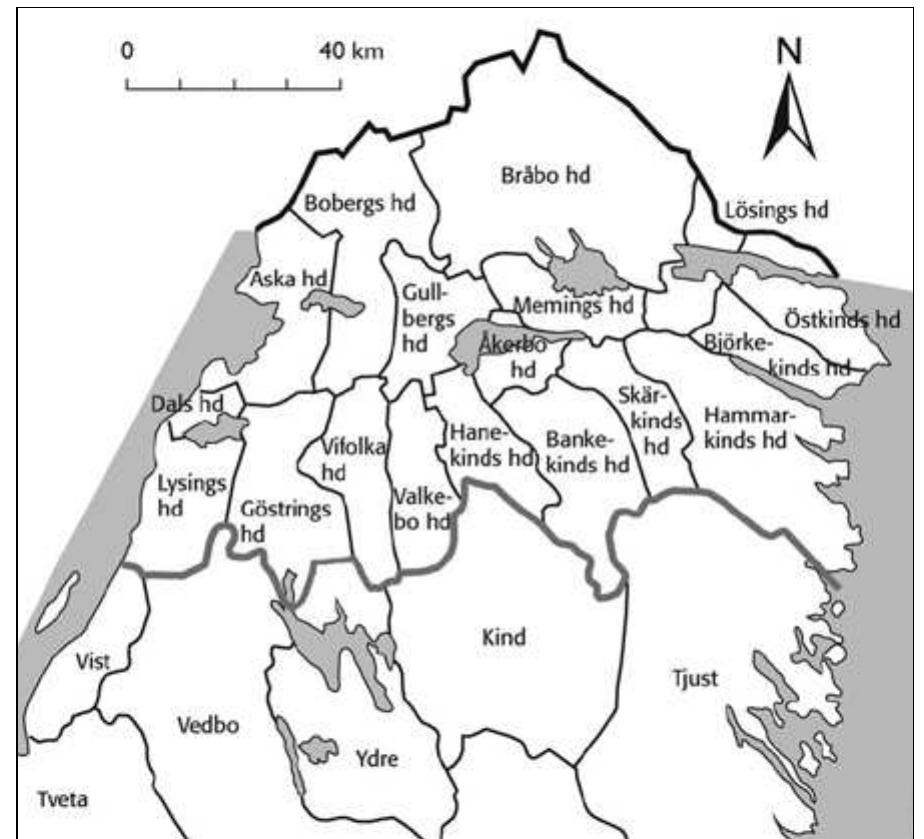 Fig. 6:2. Ostergotland ’s harad districts during the High Middle Ages, after Ericsson 2007.  T. Andersson 1965). Etymologically speaking, the word harad means “army power” and should probably be understood as “area of power over armed men” (Sv.ortn.lex. p. 143). The hiarad di- vision of Ostergétland is generally taken to have been established through a single event in the Vi- king Period. There is little evidence to allow us to date that event closer, and it may have taken place after aD 1000. Most likely the harad division event had something to do with the military duties of the Ostgétar to a king — of Ostergétland, of Swe- den, even of Denmark, we cannot tell. We should most likely not envision any individual harad as ever having been politically independent. Rath- er, each barad was an area whose inhabitants had commensurable common duties to a superordi- nate power.  er, each bavad was an area whose inhabitants had 
